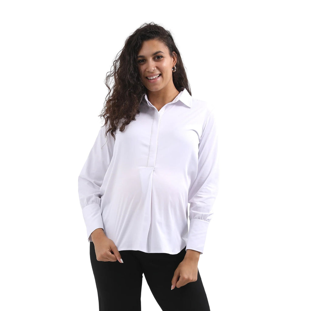 Half Button-Down Maternity Shirt in White Tops and Blouses Alina Mae Maternity White X-Small (0-2) 