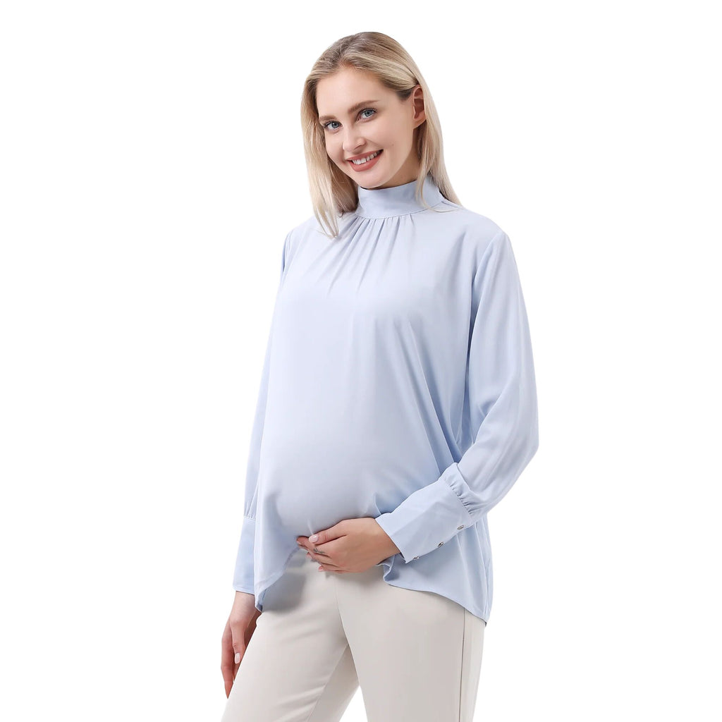 Sky Blue Long Sleeve Mock Neck Maternity Blouse Tops and Blouses Alina Mae Maternity Sky Blue Large (12-14) 