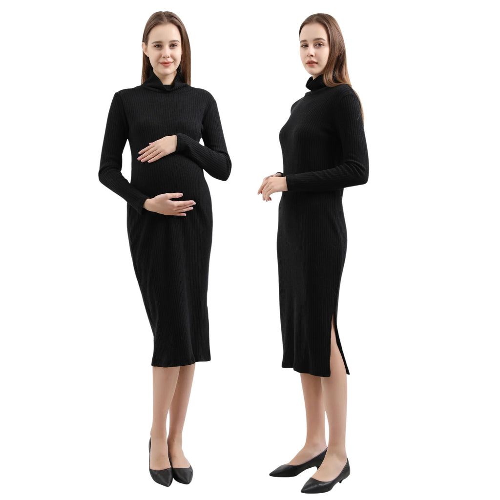 Turtleneck Fitted Maternity Maxi Sweater Dress Dresses Alina Mae Maternity Black Small (4-6) 