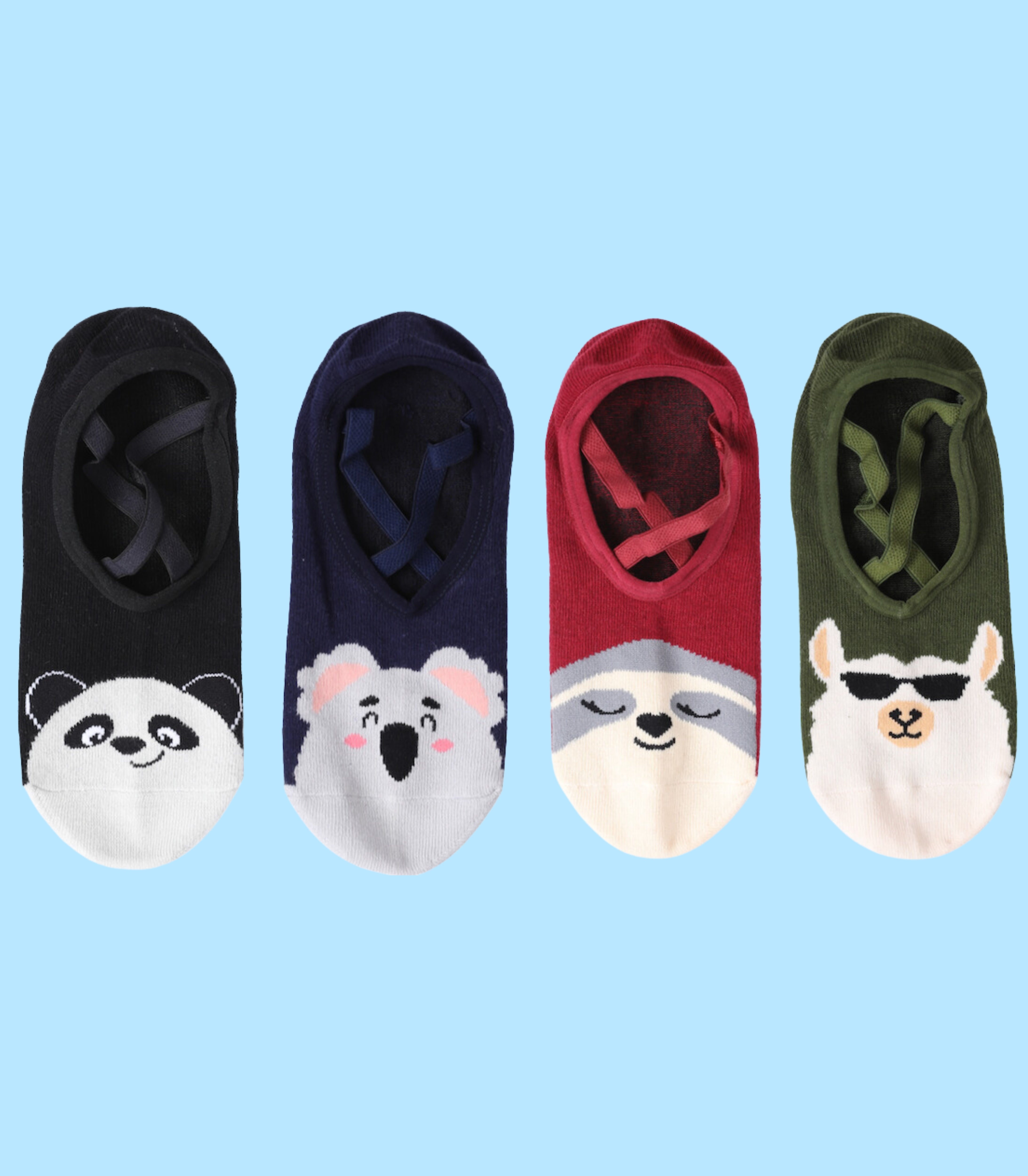 Four pairs of colorful animal-themed socks on a light blue background featuring panda, koala, sloth, and llama designs.