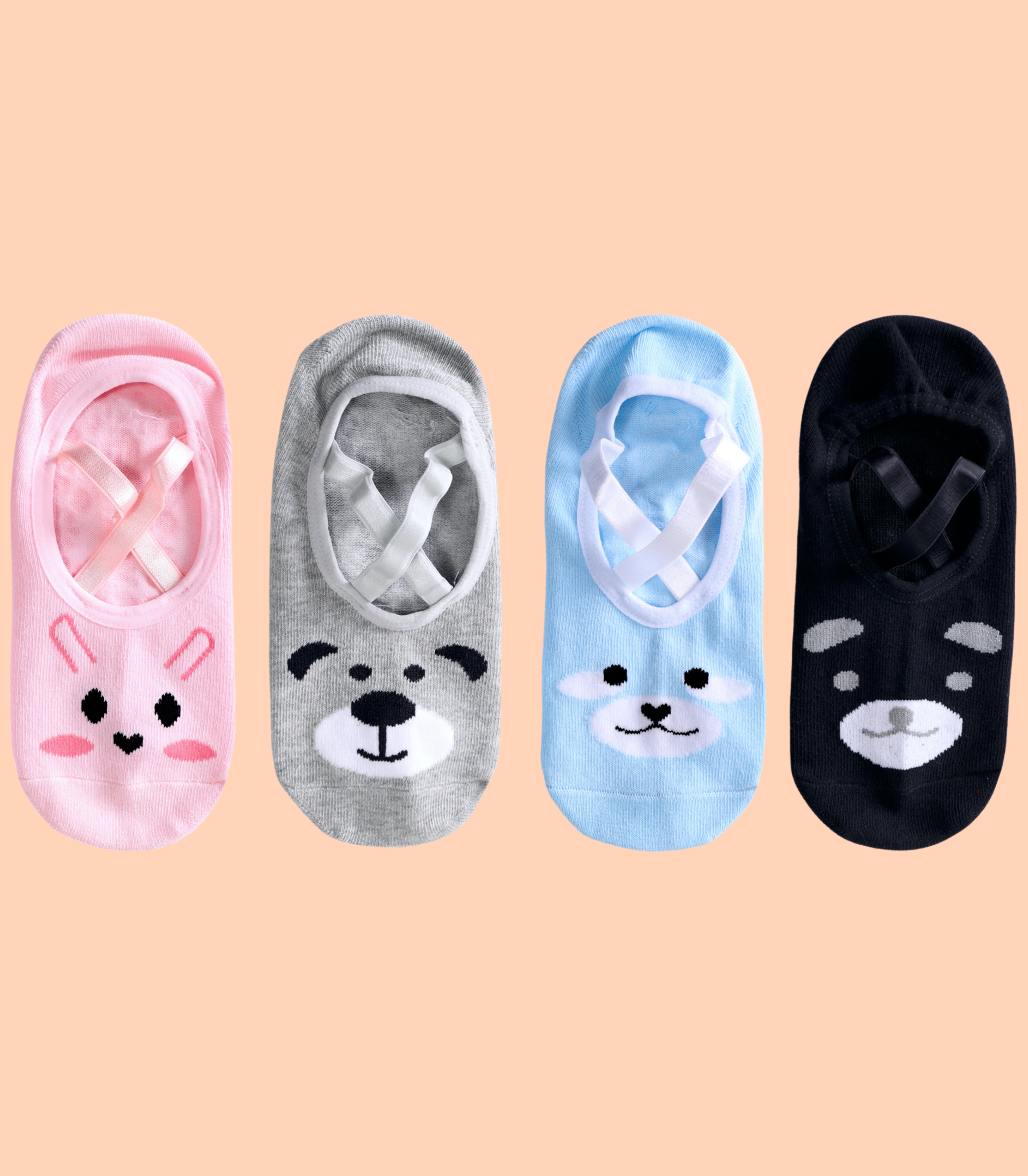 Four pairs of low-cut animal face socks in pink, grey, blue, and black, featuring bunny, bear, and cat designs on a plain background.