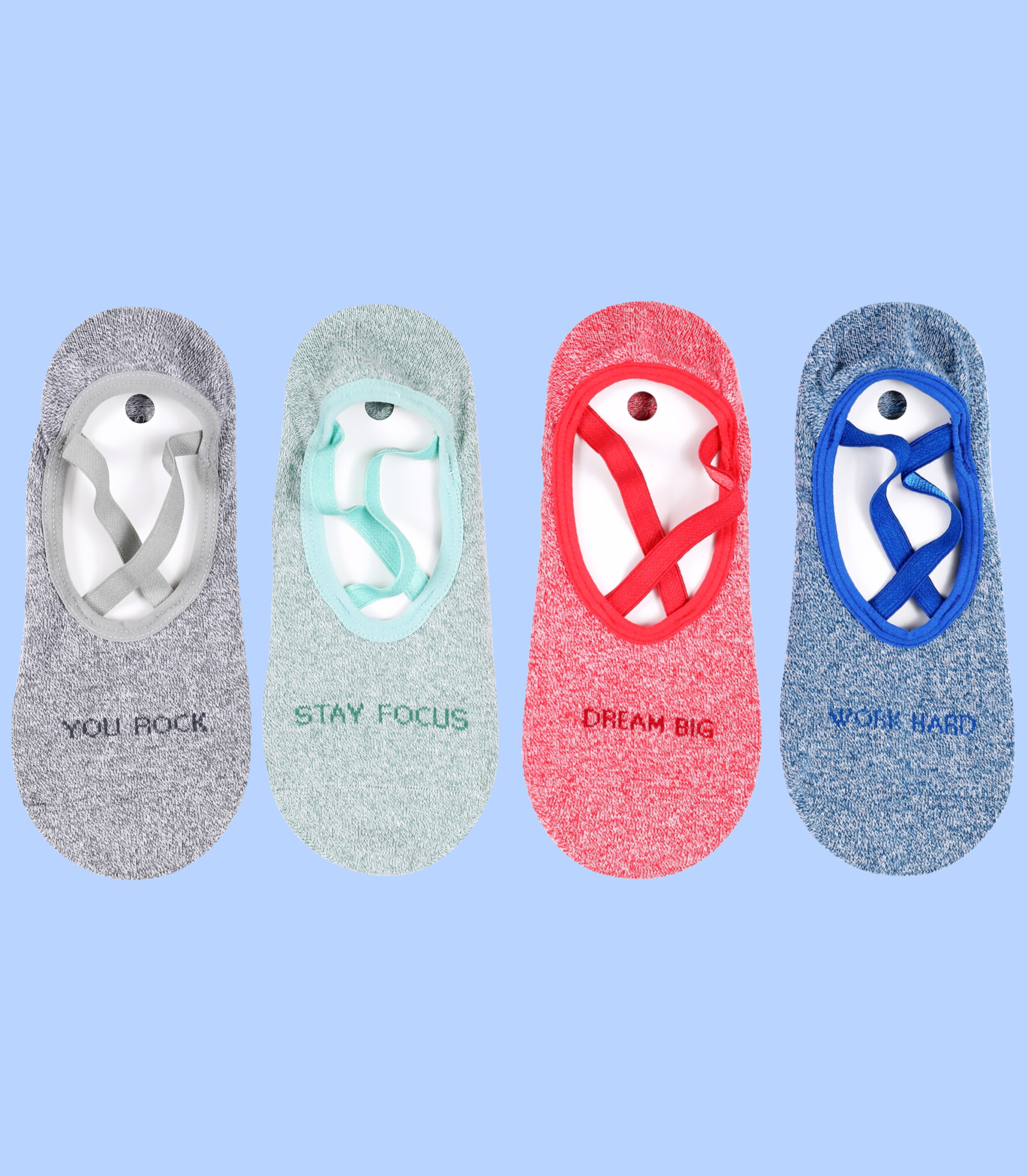 Four colorful no-show socks with motivational messages against a light blue background.