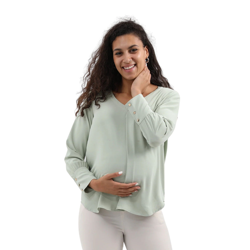 Olive Long Sleeve V-Neck Pleat Maternity Blouse Tops and Blouses Alina Mae Maternity Olive Large (12-14) 