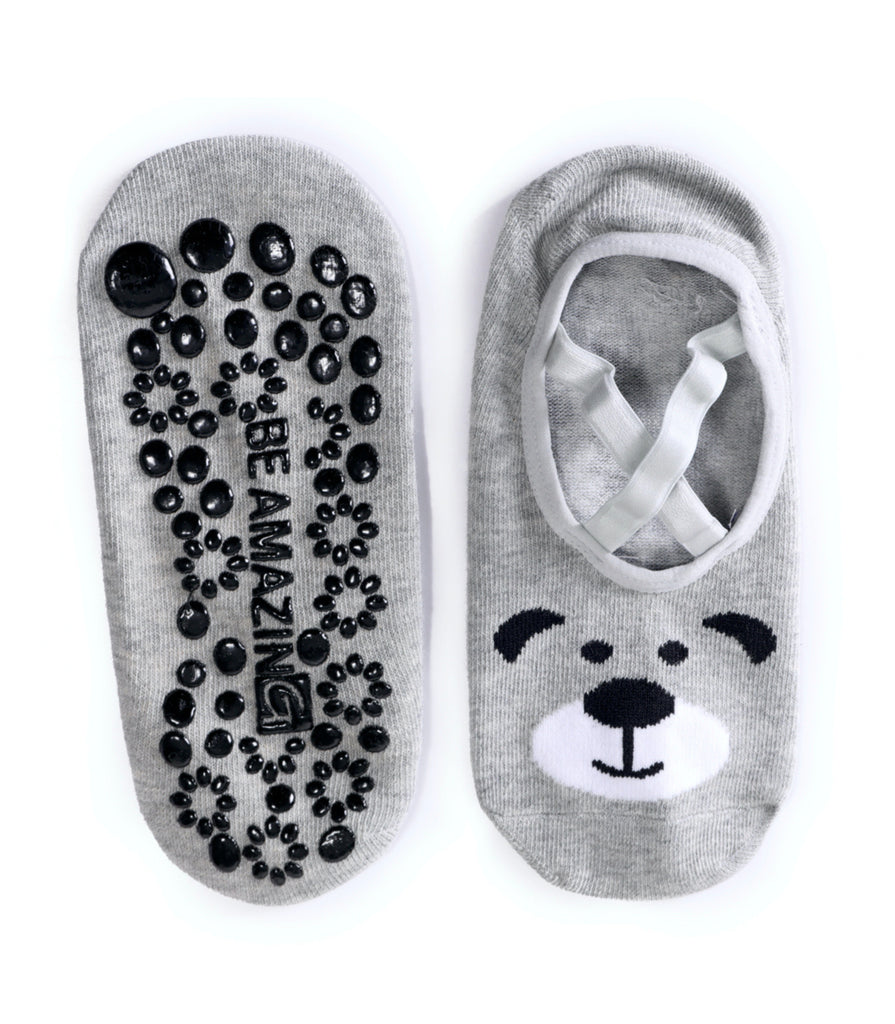 Gray non-slip yoga socks with bear face design and "Be Amazing" text on the sole.