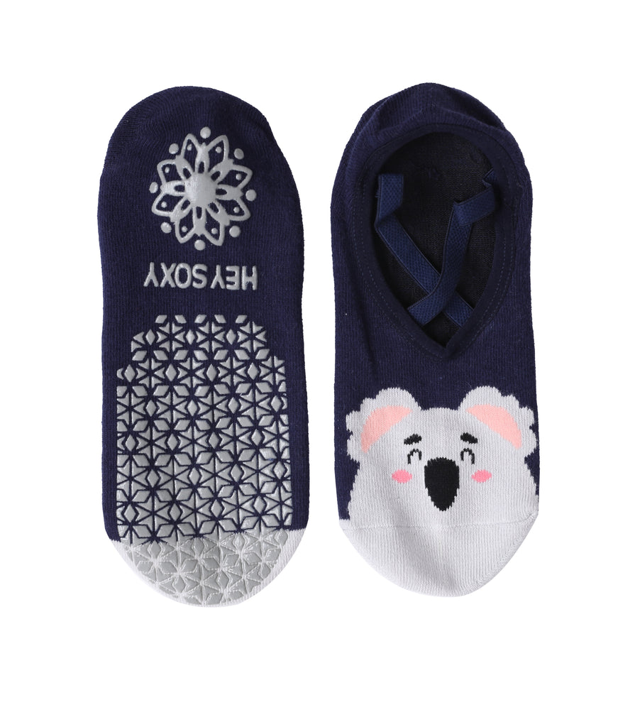Navy blue no-show socks with koala face design and non-slip grip, featuring HEY SOXY branding.