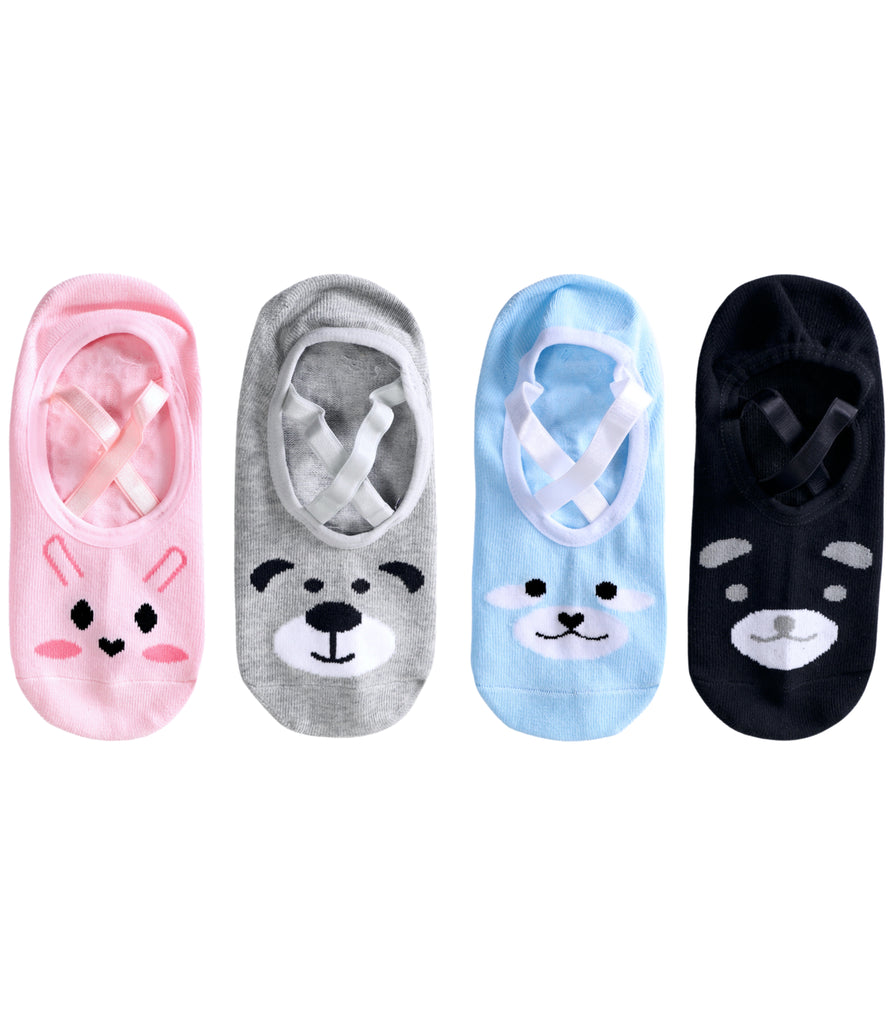 Cute animal-themed no-show socks in pink, gray, blue, and black colors.