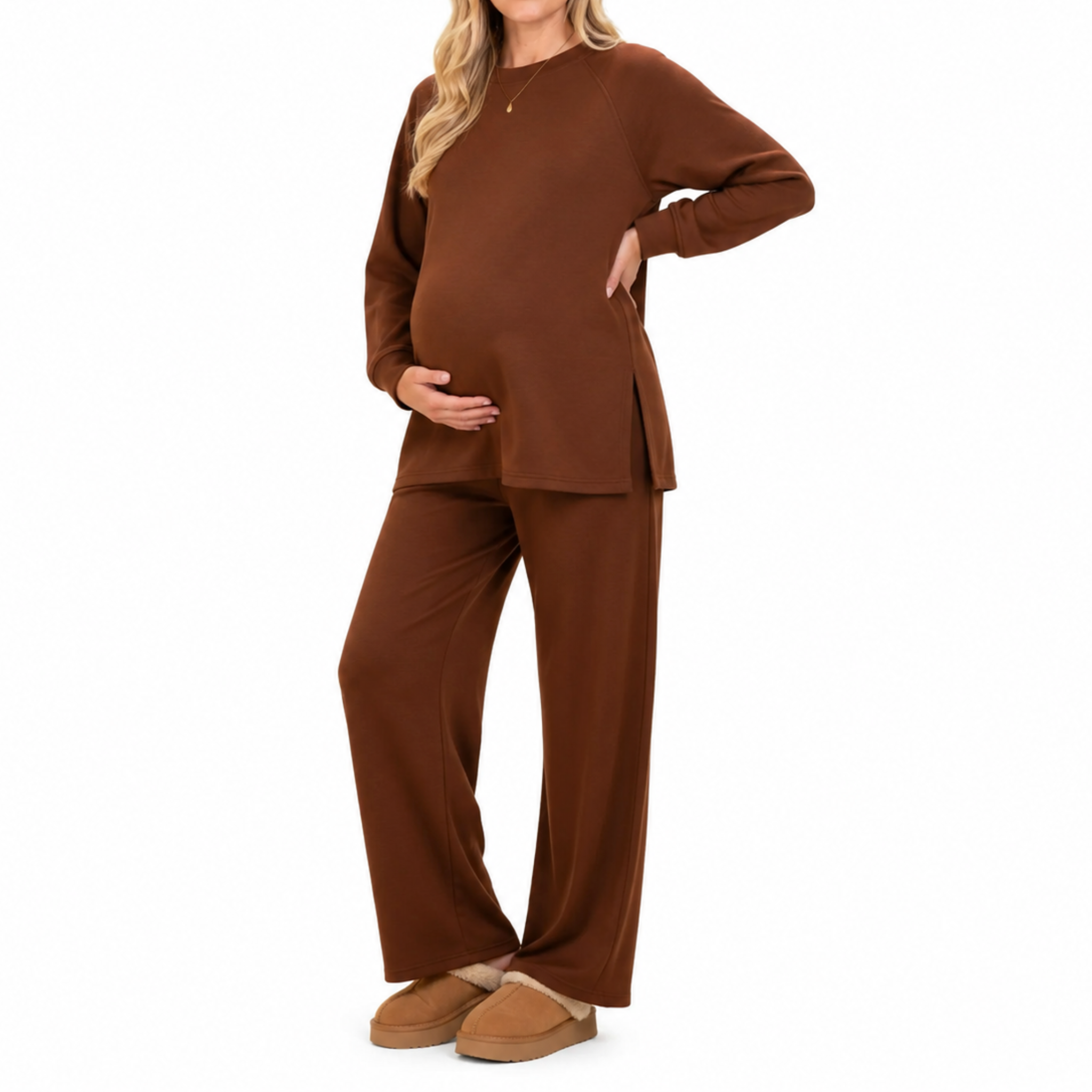 Coffee brown winter maternity lounge set with long-sleeve top and adjustable straight-leg pants