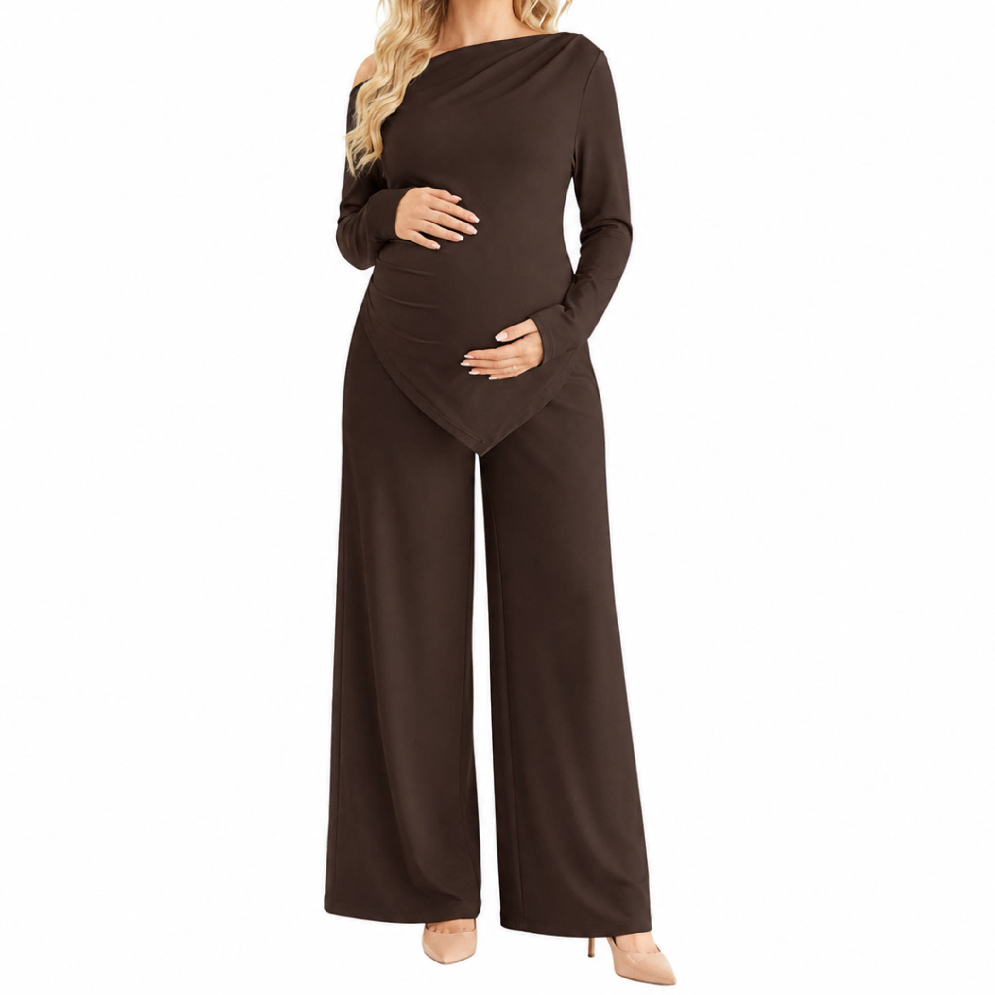 Coffee brown maternity winter lounge set with asymmetrical one-shoulder top and adjustable-waist straight-leg pants