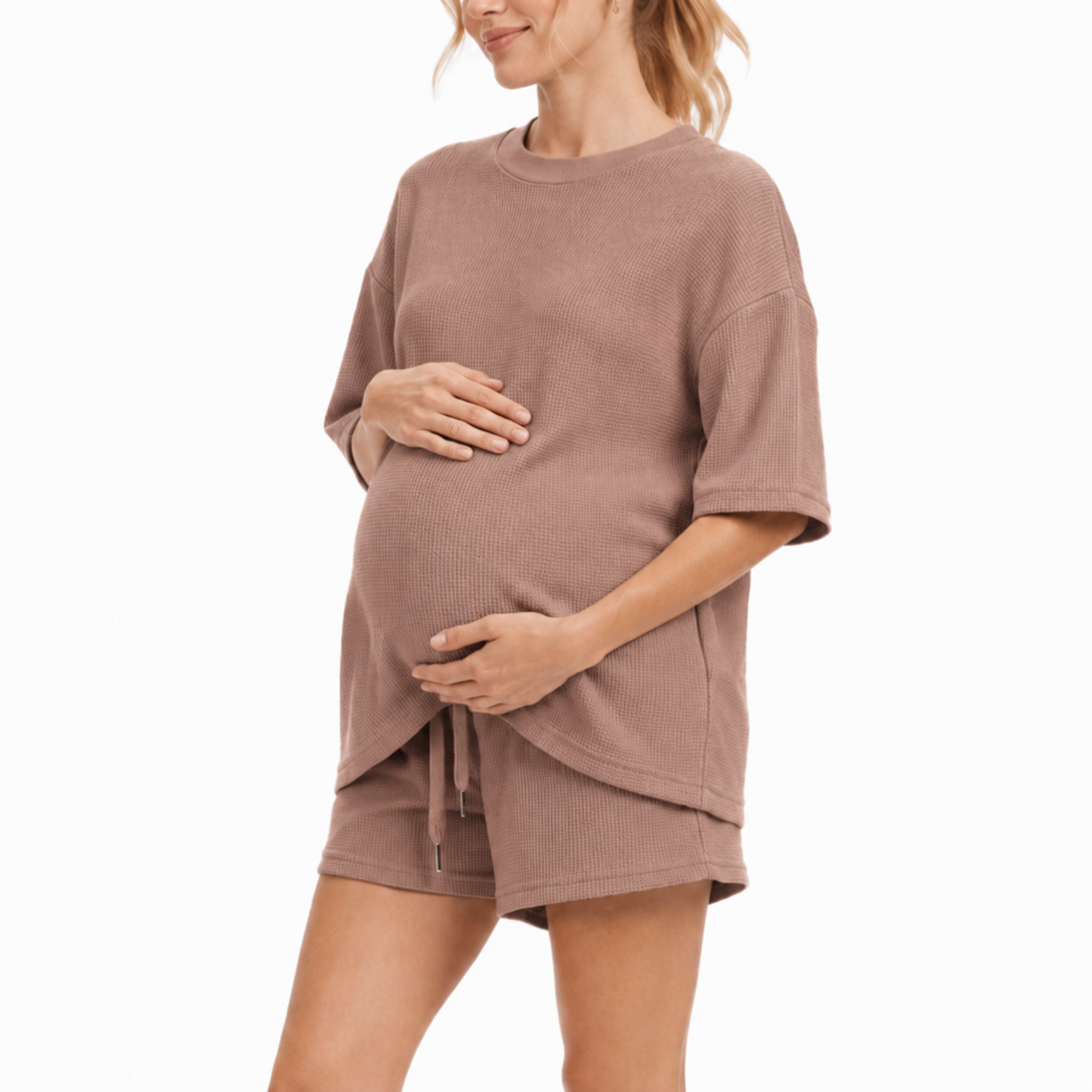 Coffee brown two-piece maternity shorts loungewear set with oversized top and drawstring shorts