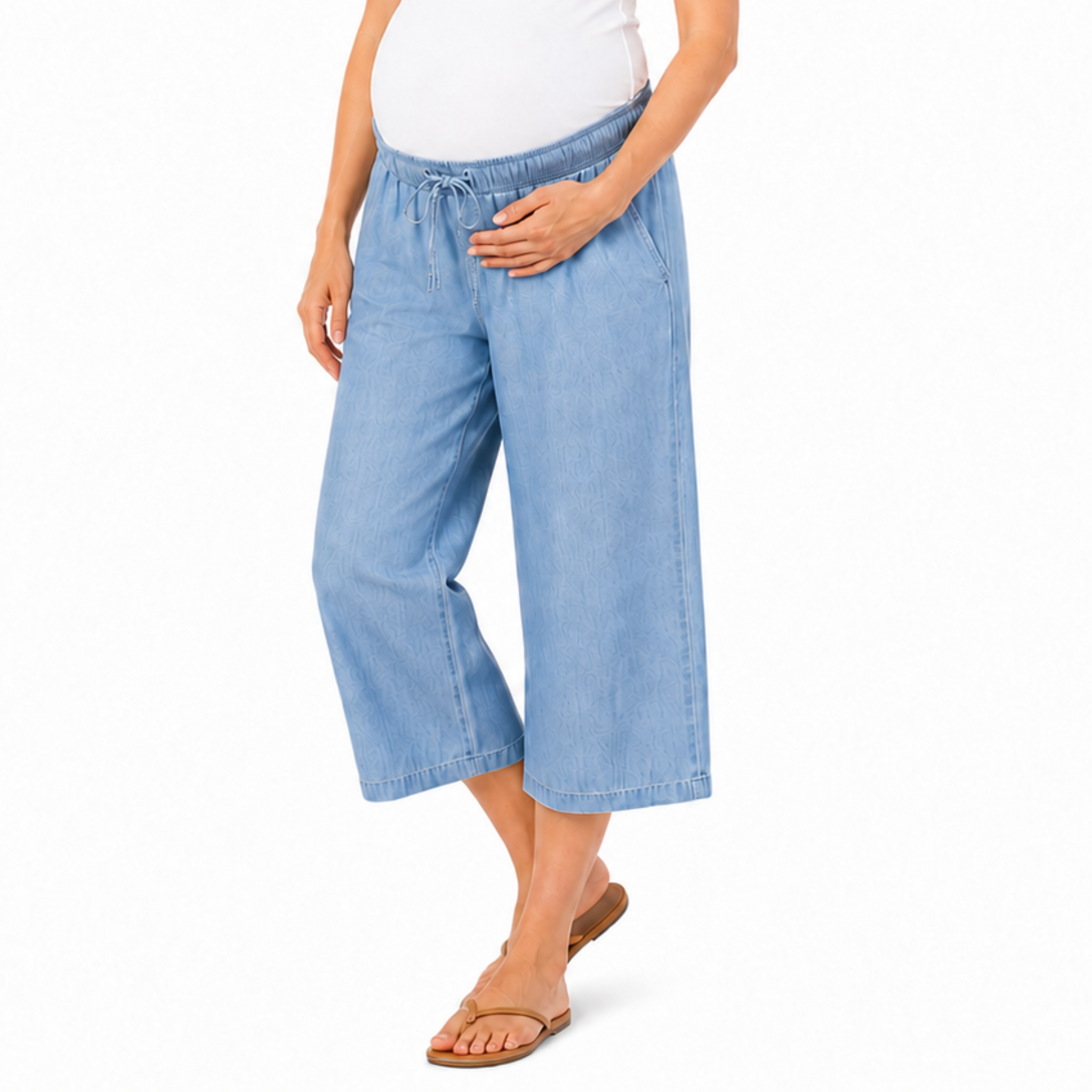 Light blue cropped wide-leg maternity jeans with adjustable drawstring waistband