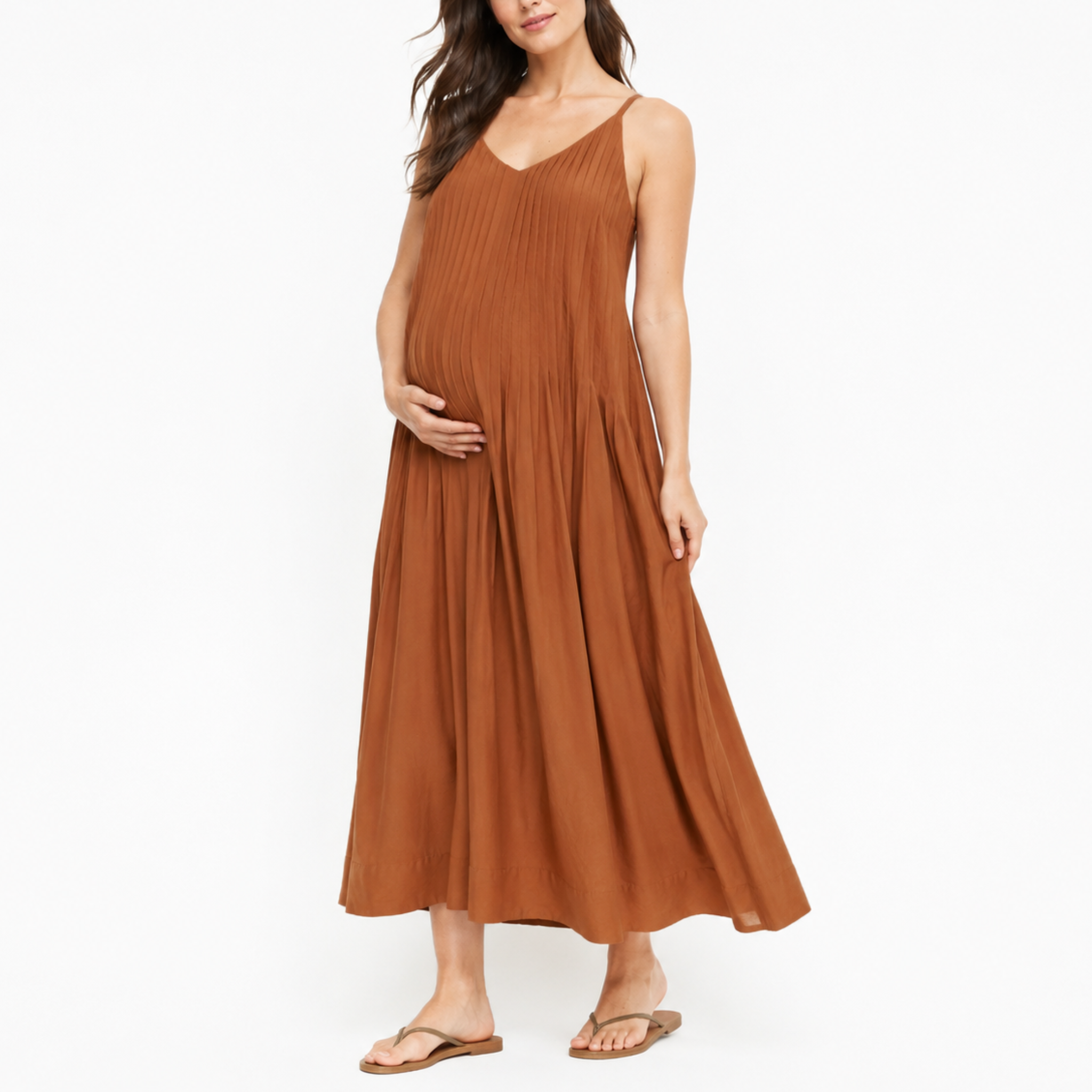 Chocolate brown pleated maternity maxi dress with adjustable straps and A-line silhouette
