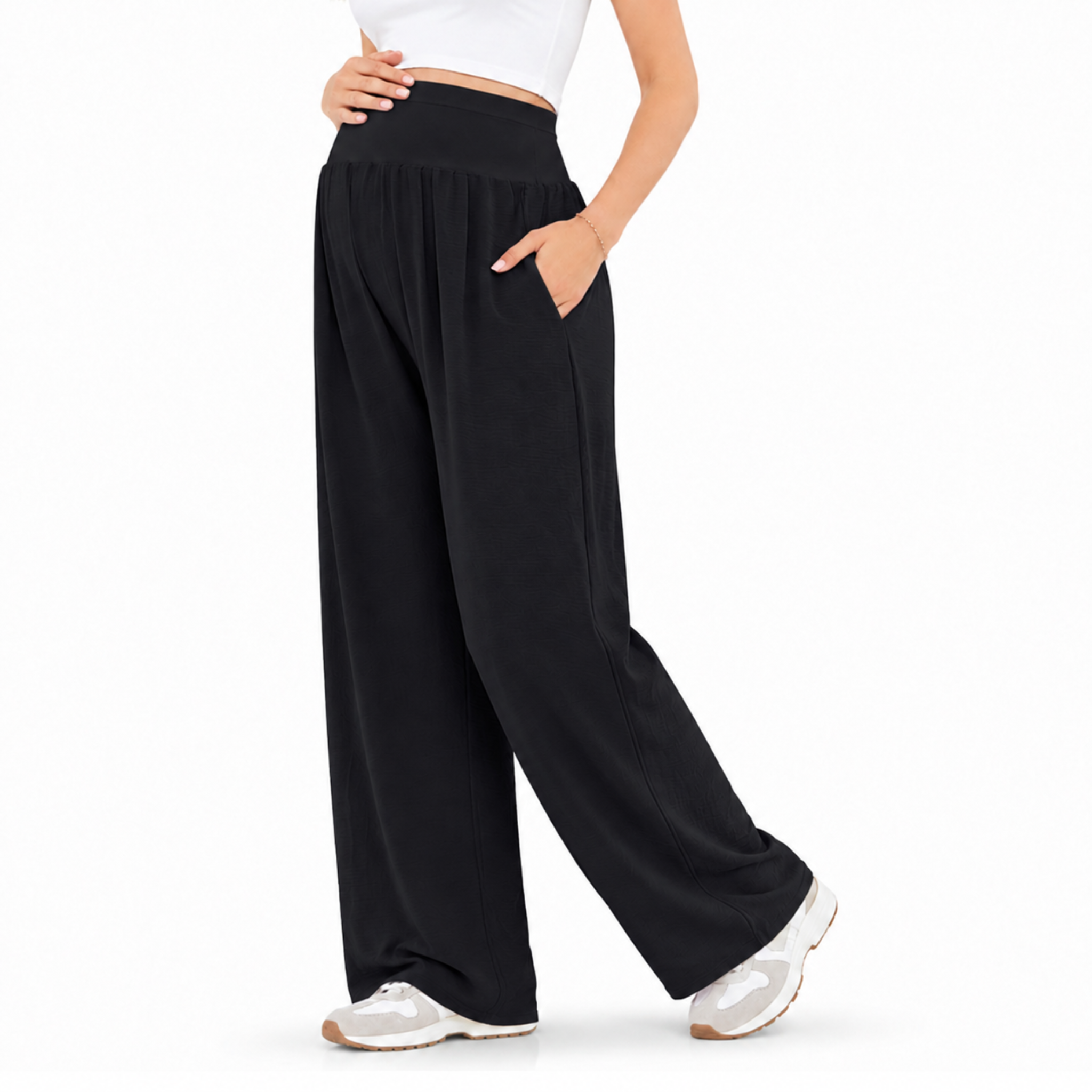 Black maternity jogger pants with relaxed wide-leg fit