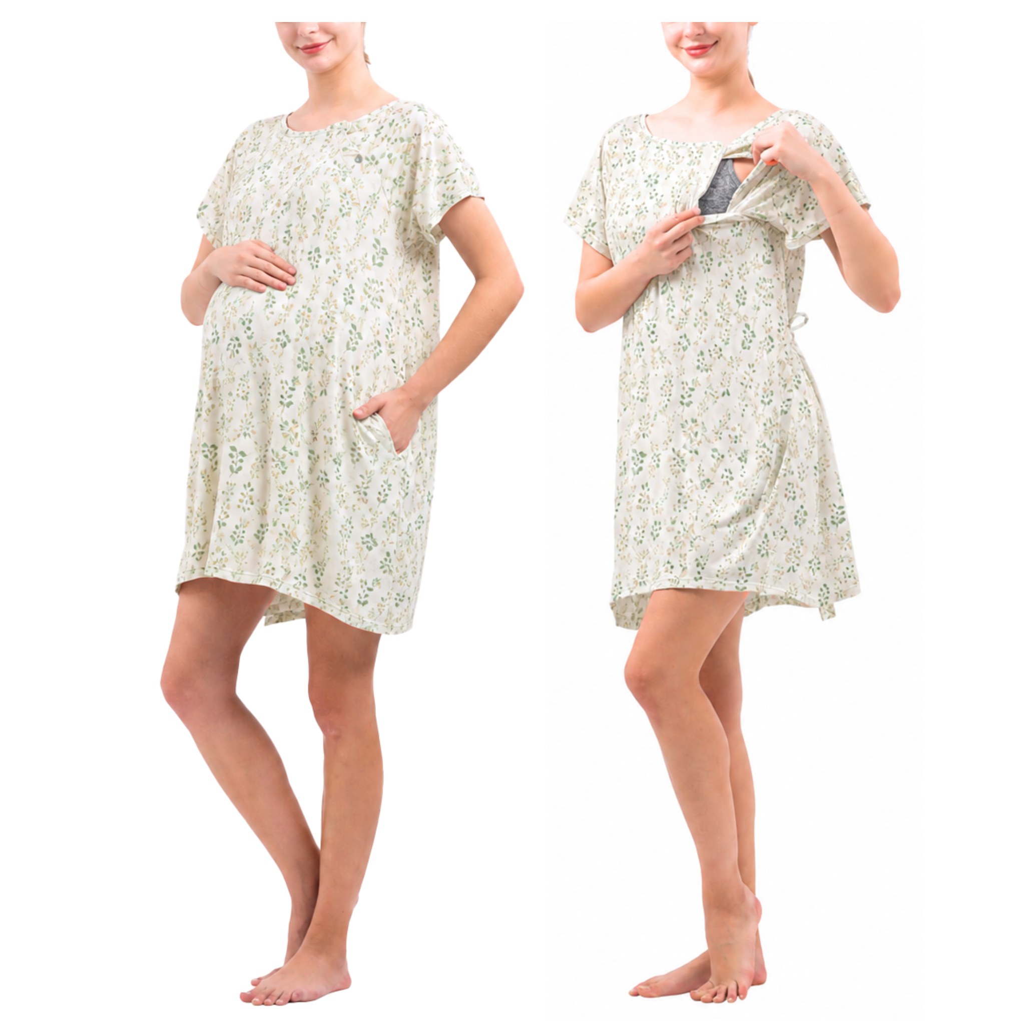 Sage botanical maternity hospital gown with snap-button nursing access