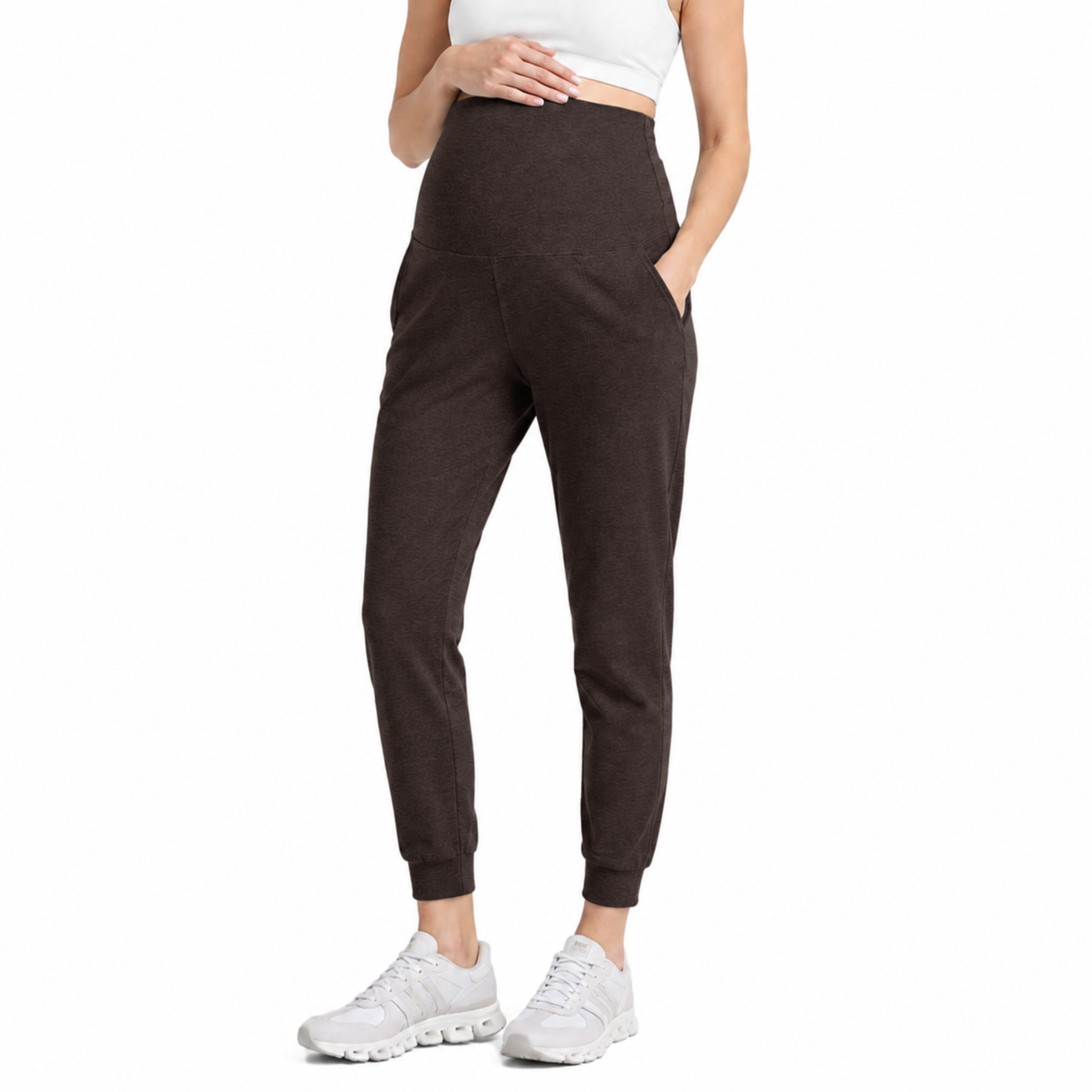 Dark brown maternity jogger pants with over-the-bump waistband and cuffed ankles