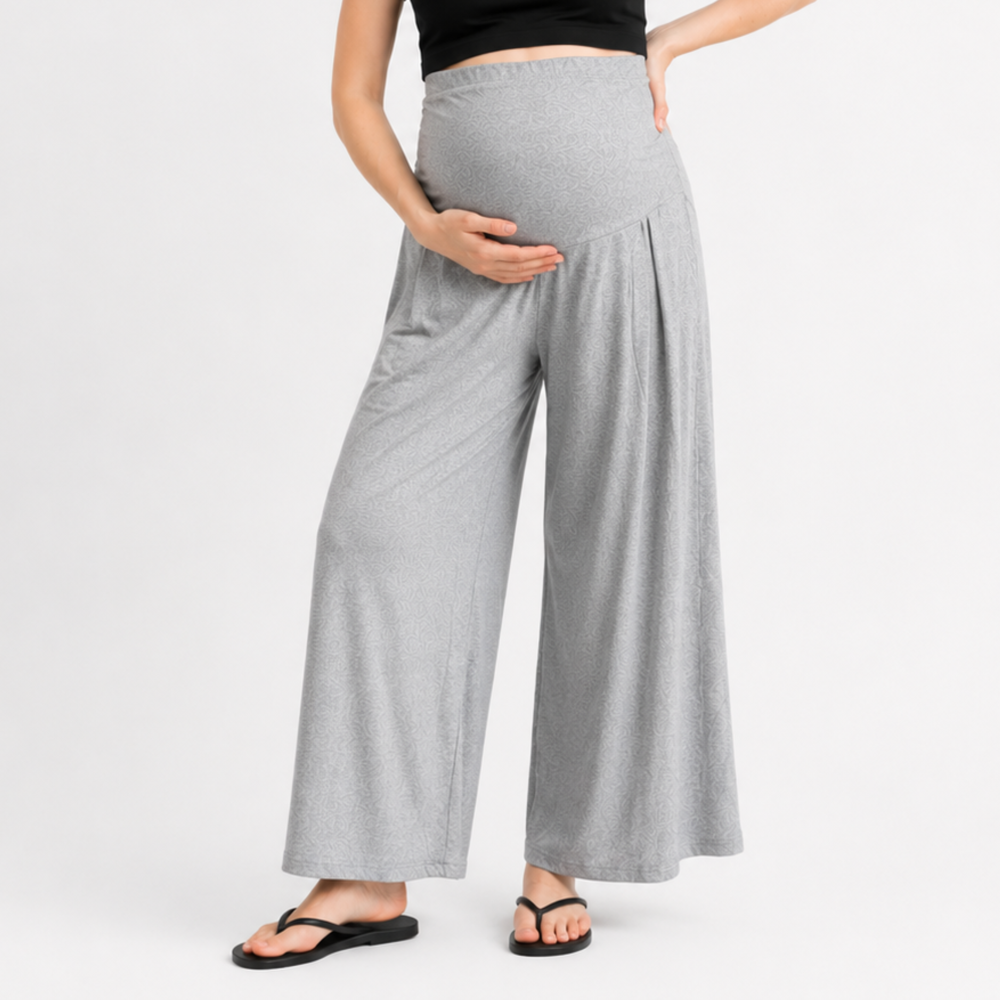 Gray over-belly wide-leg maternity palazzo pants with flowing skirt-like drape