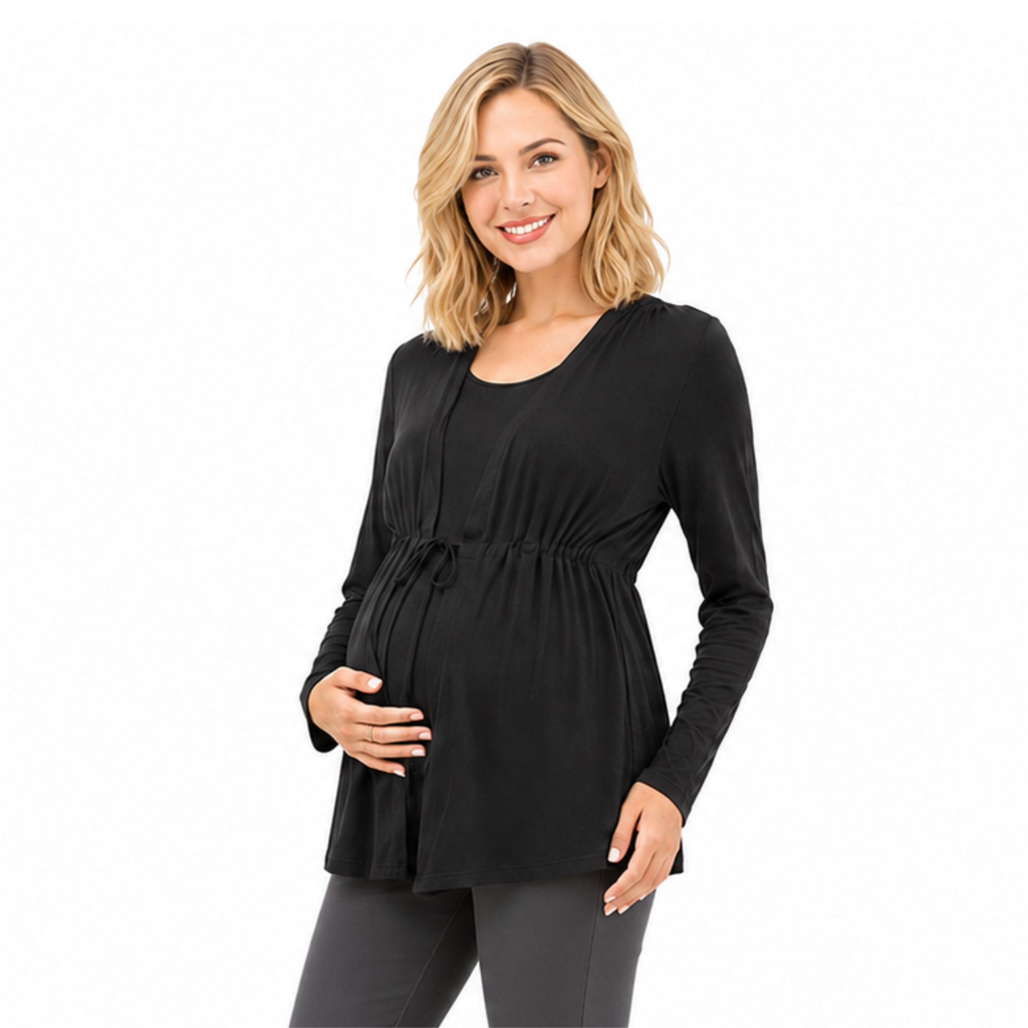 Black long sleeve maternity nursing top with layered-look design and tie detail