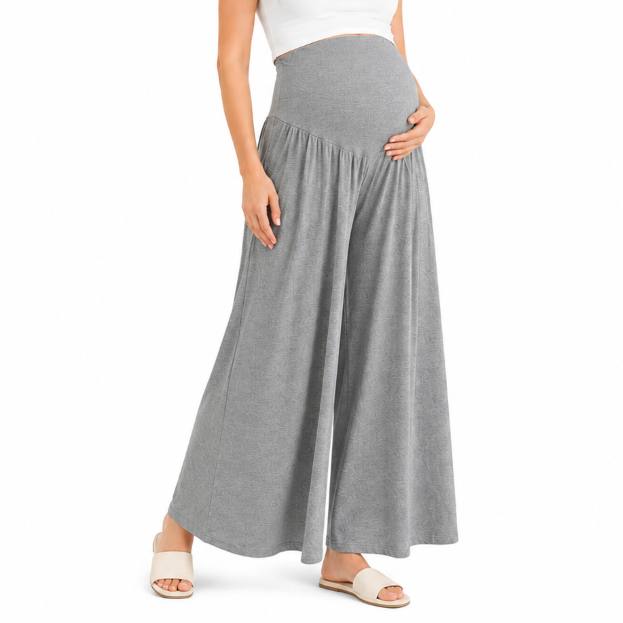 Light gray cropped maternity skirt pants with draped wide-leg silhouette