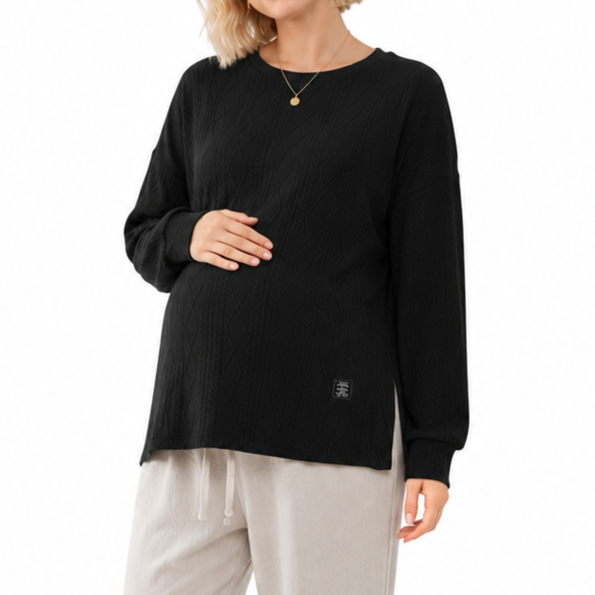 Black crewneck maternity long sleeve top