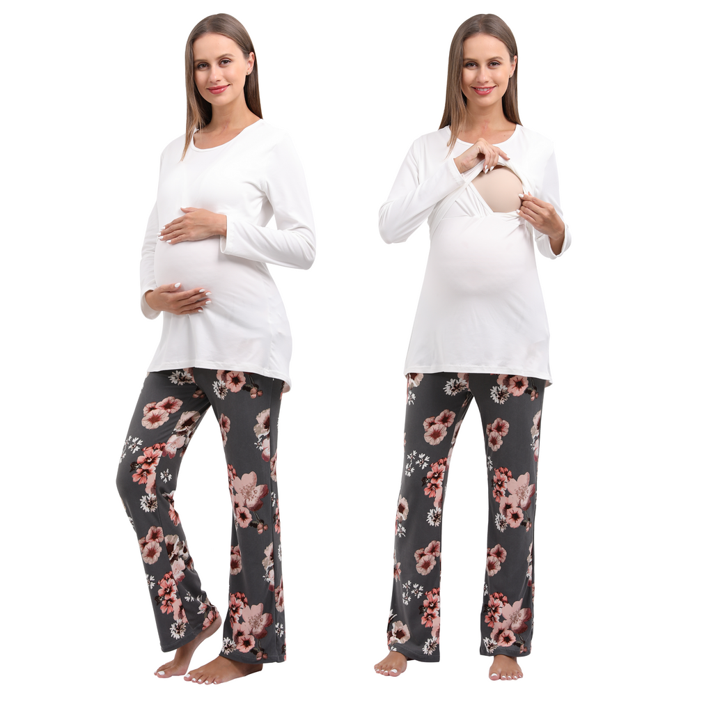 Long Sleeve Bump Friendly Nursing Pajama Set Sleepwear Alina Mae Maternity Gray Floral Small (4-6) 