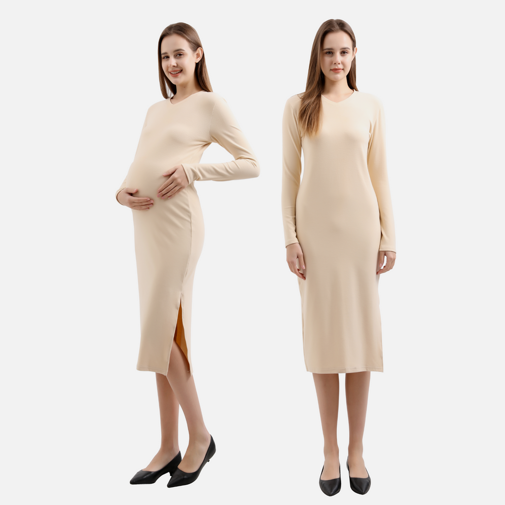 V-Neck Fitted Maternity Maxi Sweater Dress Dresses Alina Mae Maternity Beige Small (4-6) 