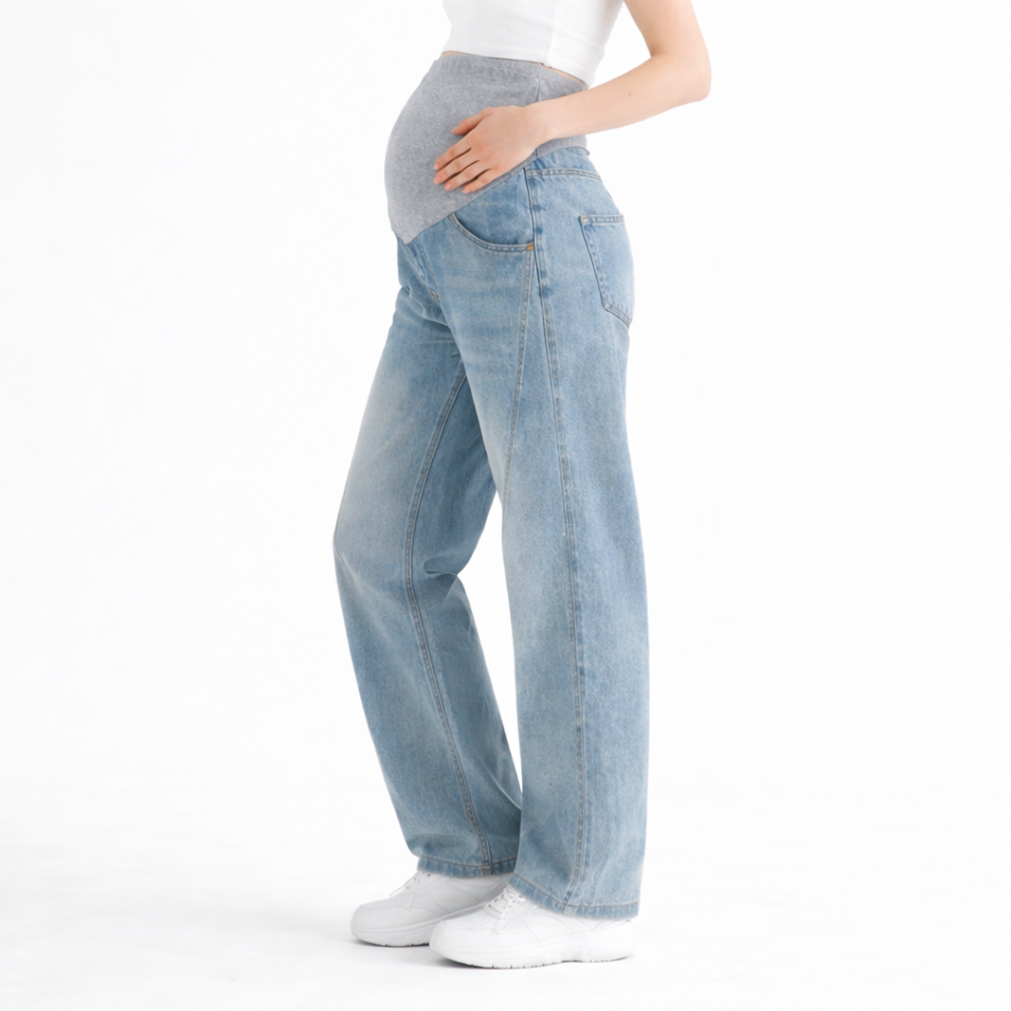 lue maternity wide leg denim jeans with a soft over-belly support panel