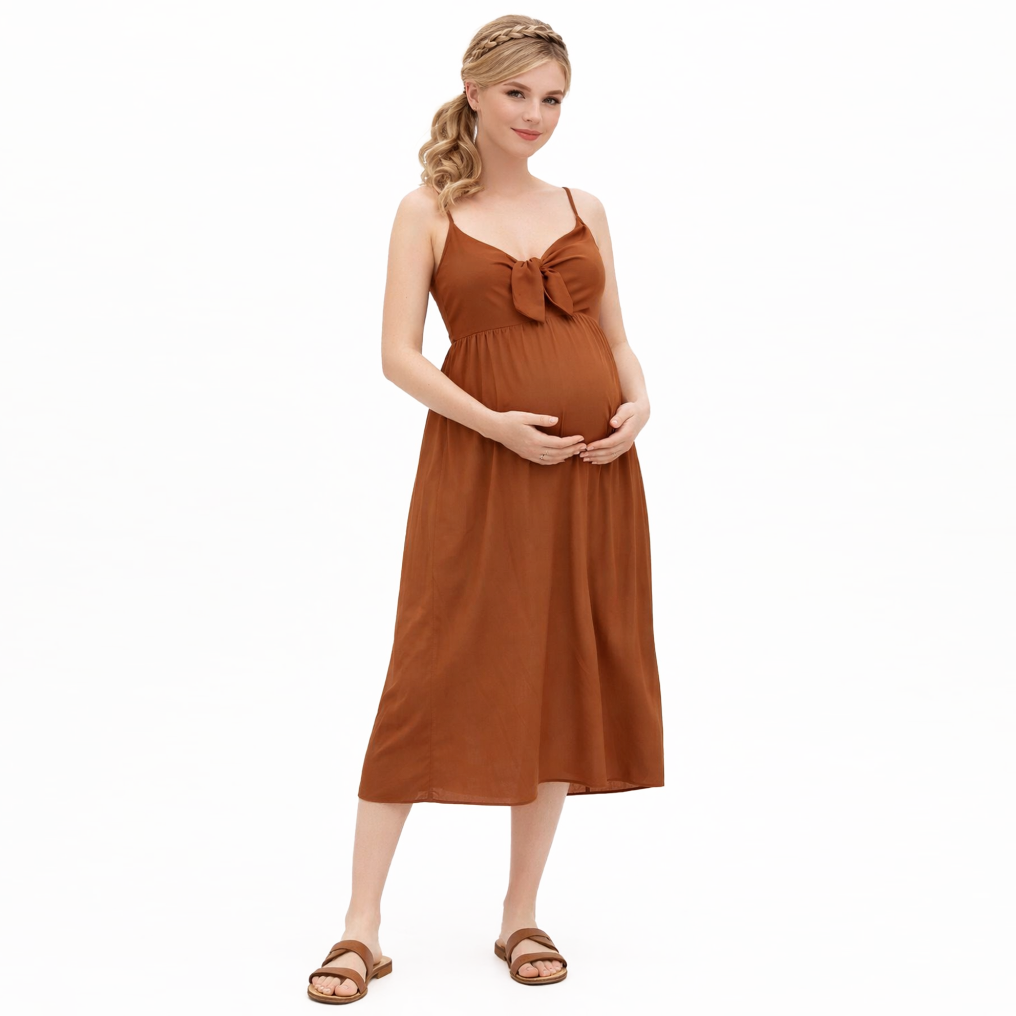 Brown bow front maternity cami midi dress with flowy fit