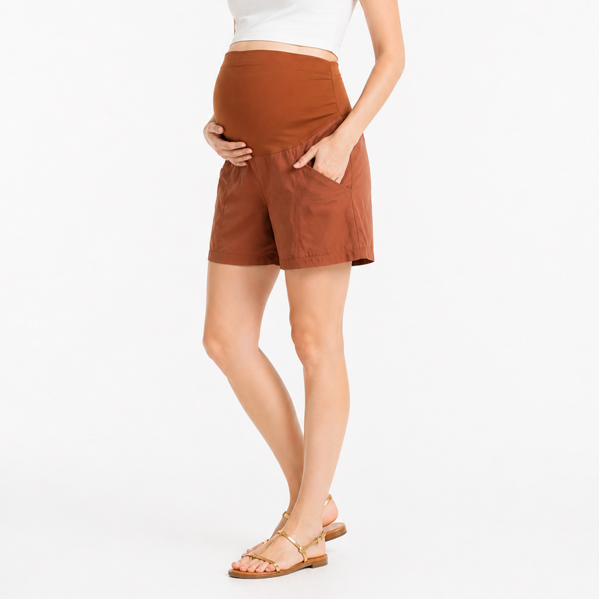 Caramel brown maternity cotton A-line shorts with high waist belly support panel