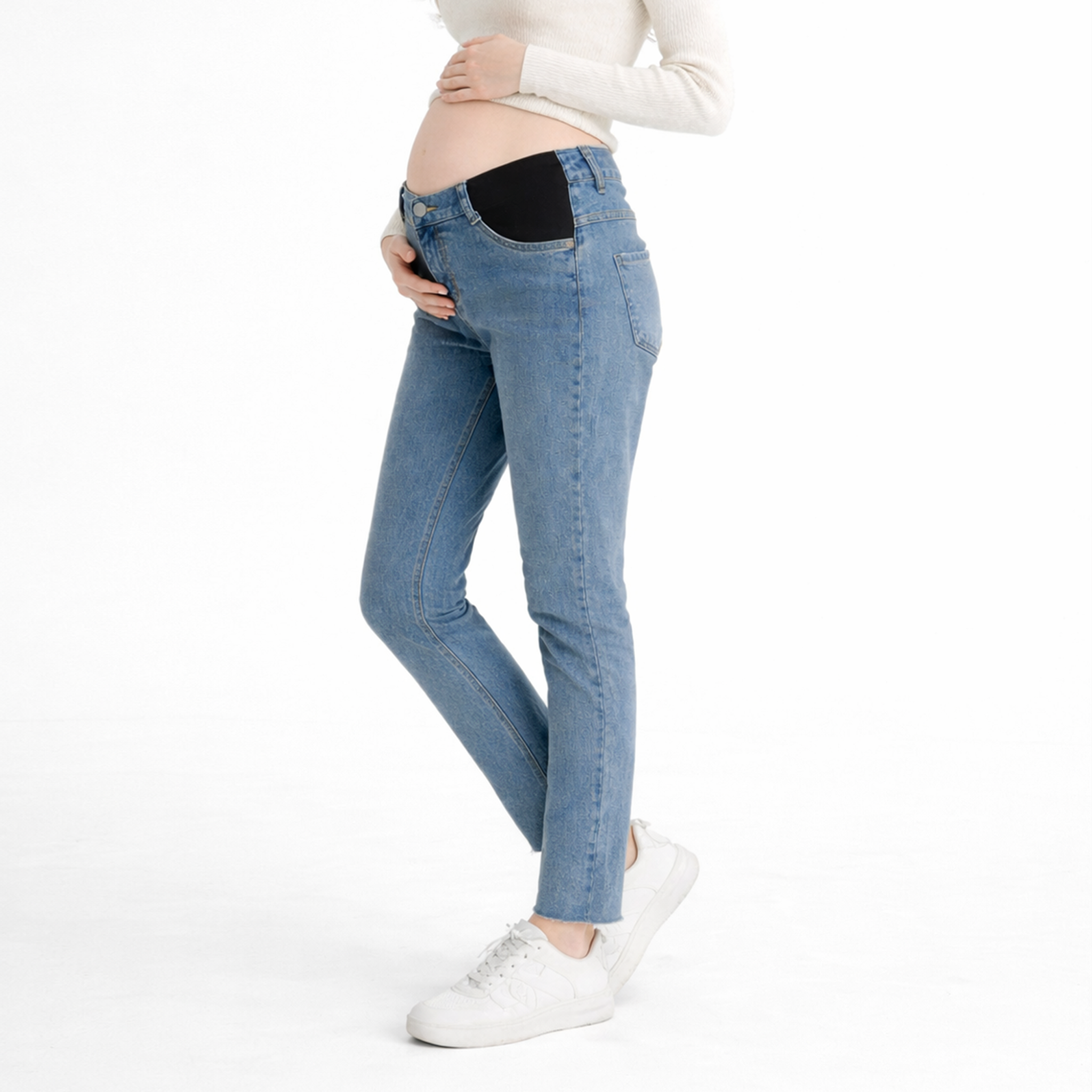 Blue early pregnancy straight leg maternity jeans with stretch side panels