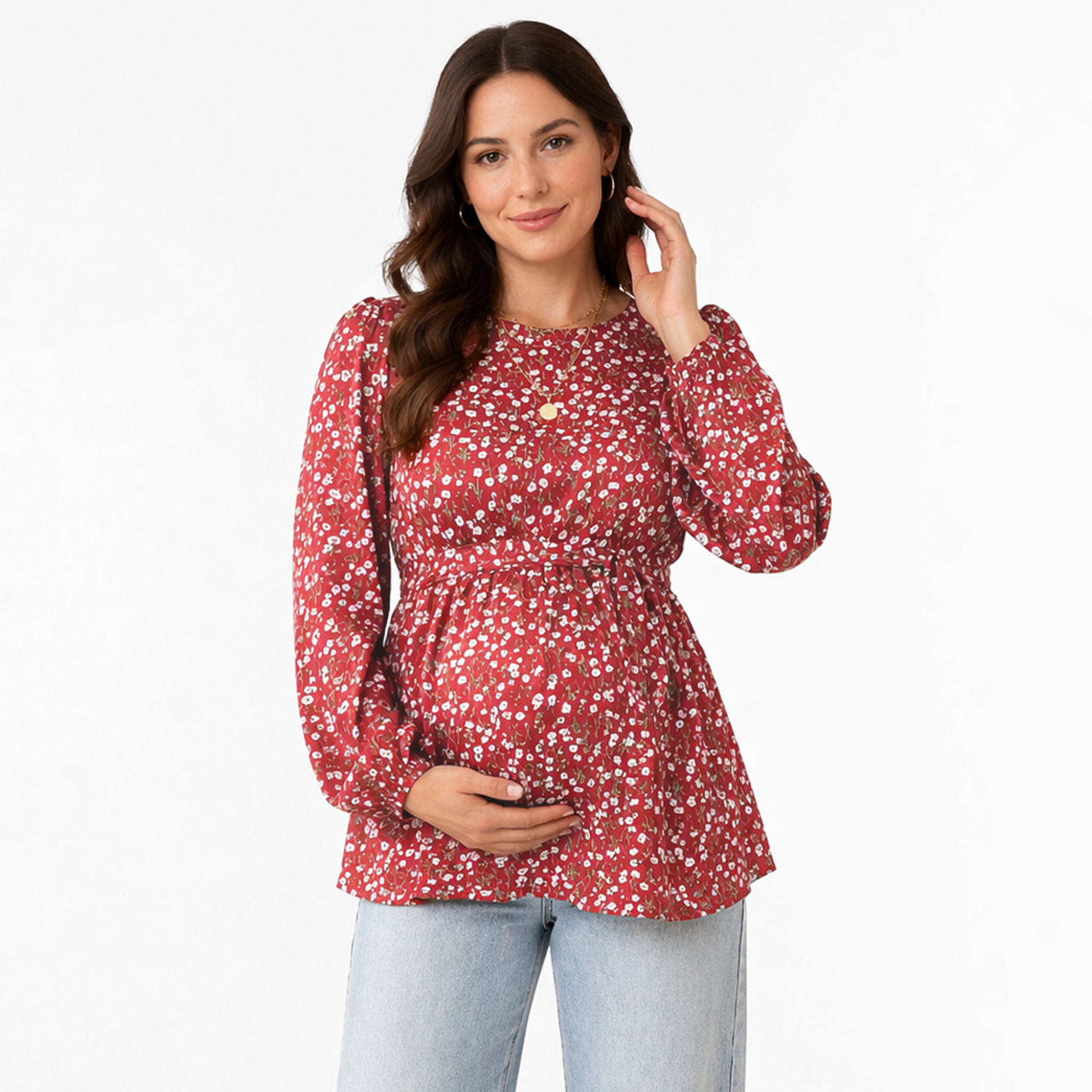 Brick red floral peplum maternity blouse with waist tie