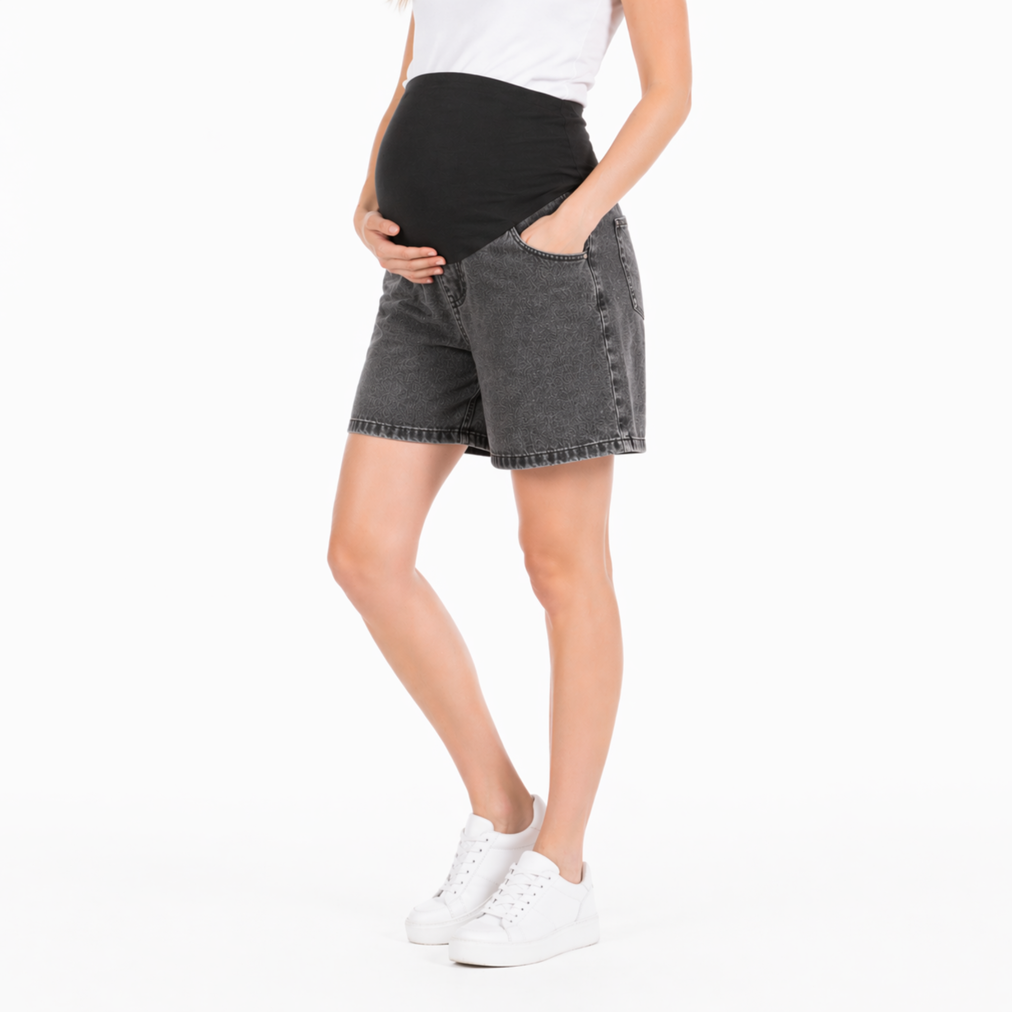 Gray knee-length maternity denim shorts with soft over-belly waistband