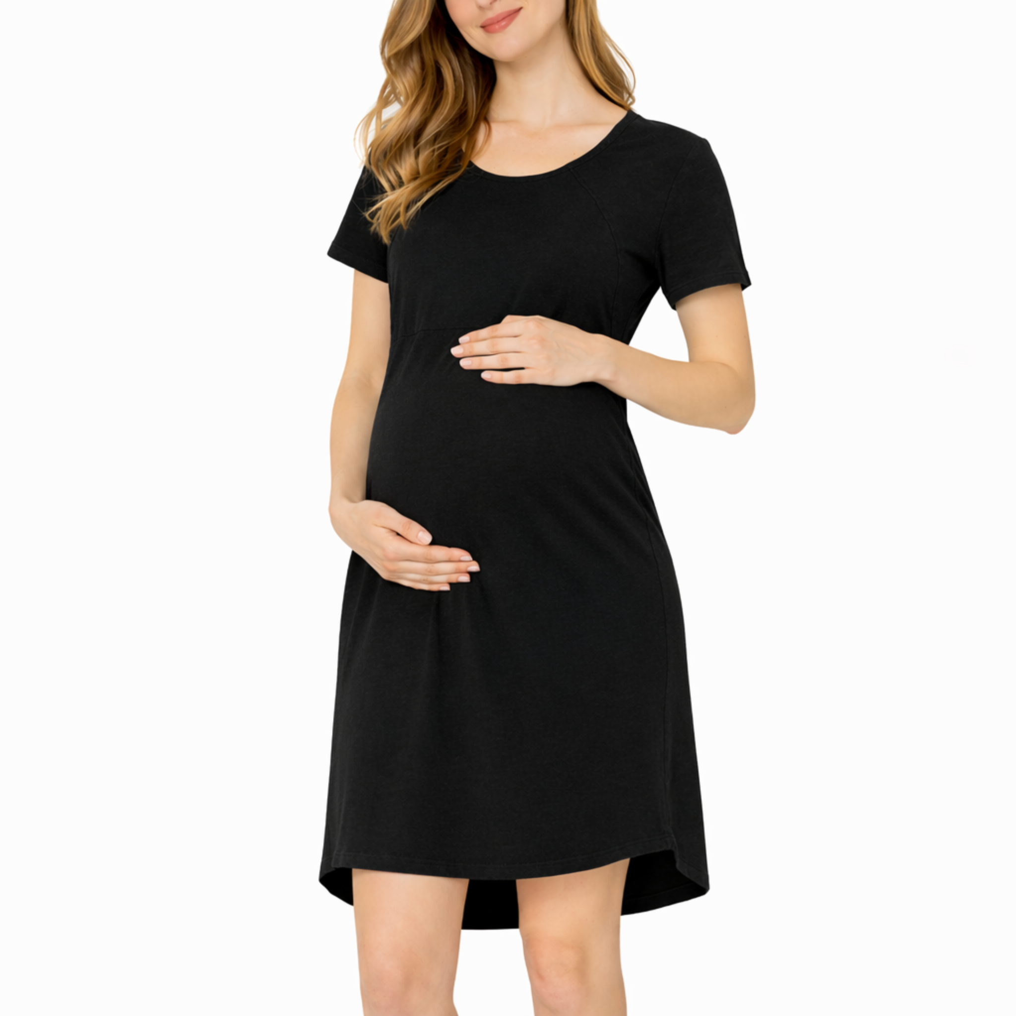 Black short sleeve maternity nursing dress with hidden zipper breastfeeding access