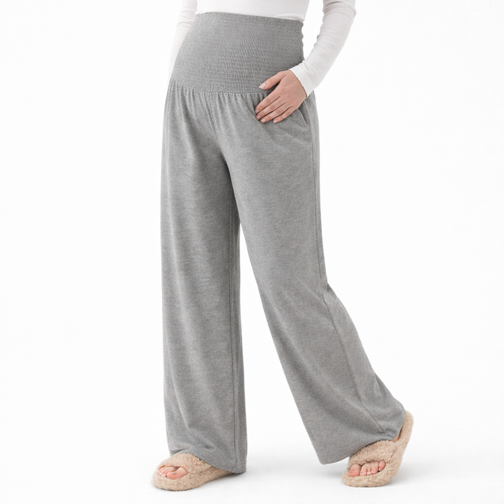Light grey maternity lounge pants with smocked high waist and wide leg fit