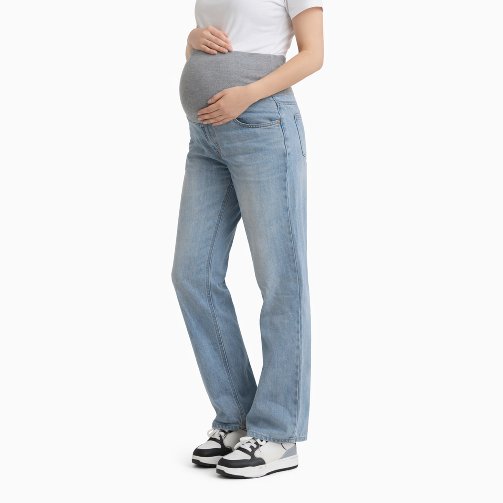 Blue straight wide leg maternity jeans with soft over-bump waistband