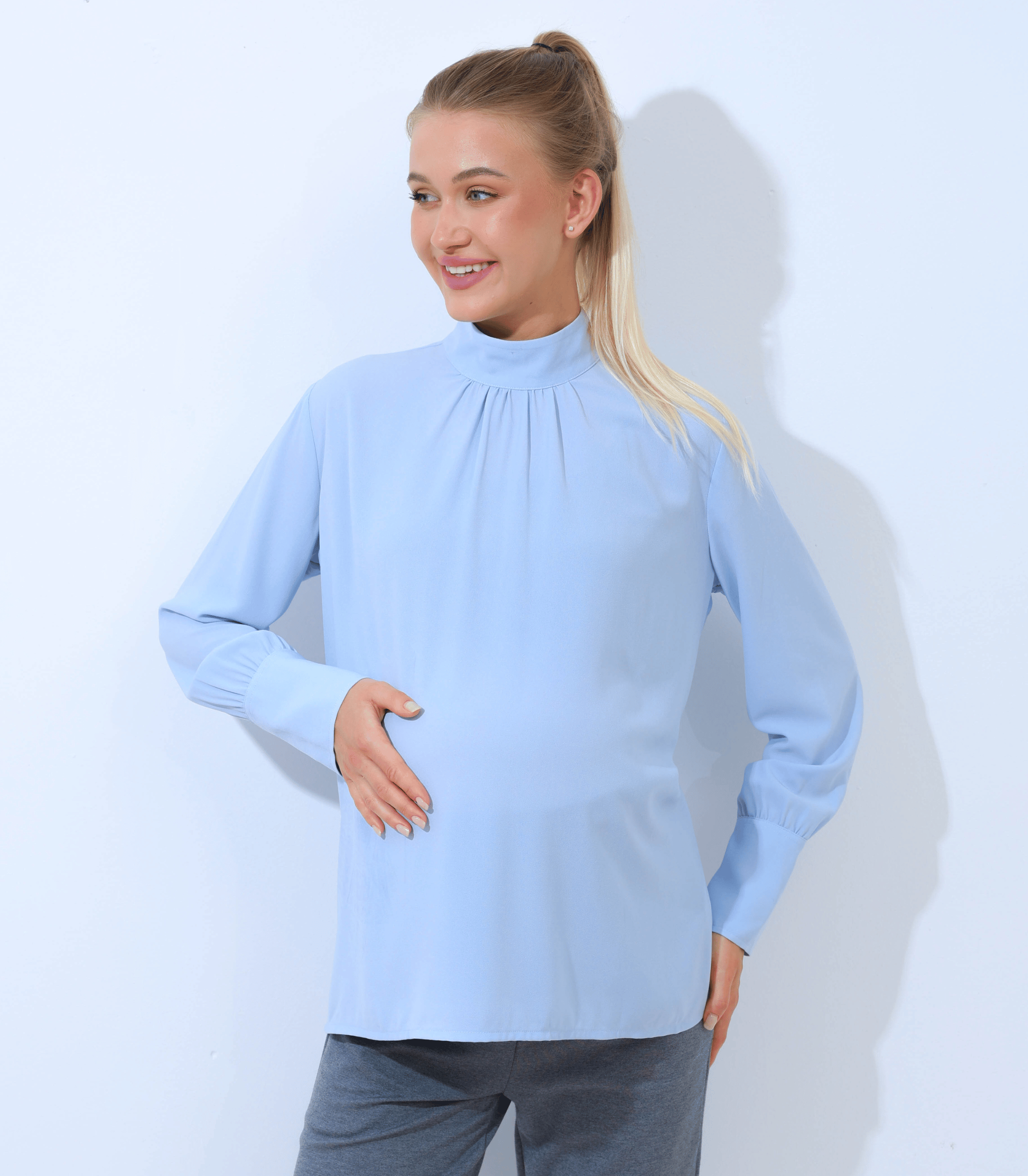 Maternity Button Down Shirt Long Sleeve Formal Blouse for Work Pregnant Dress Top Alina Mae Maternity Light Blue