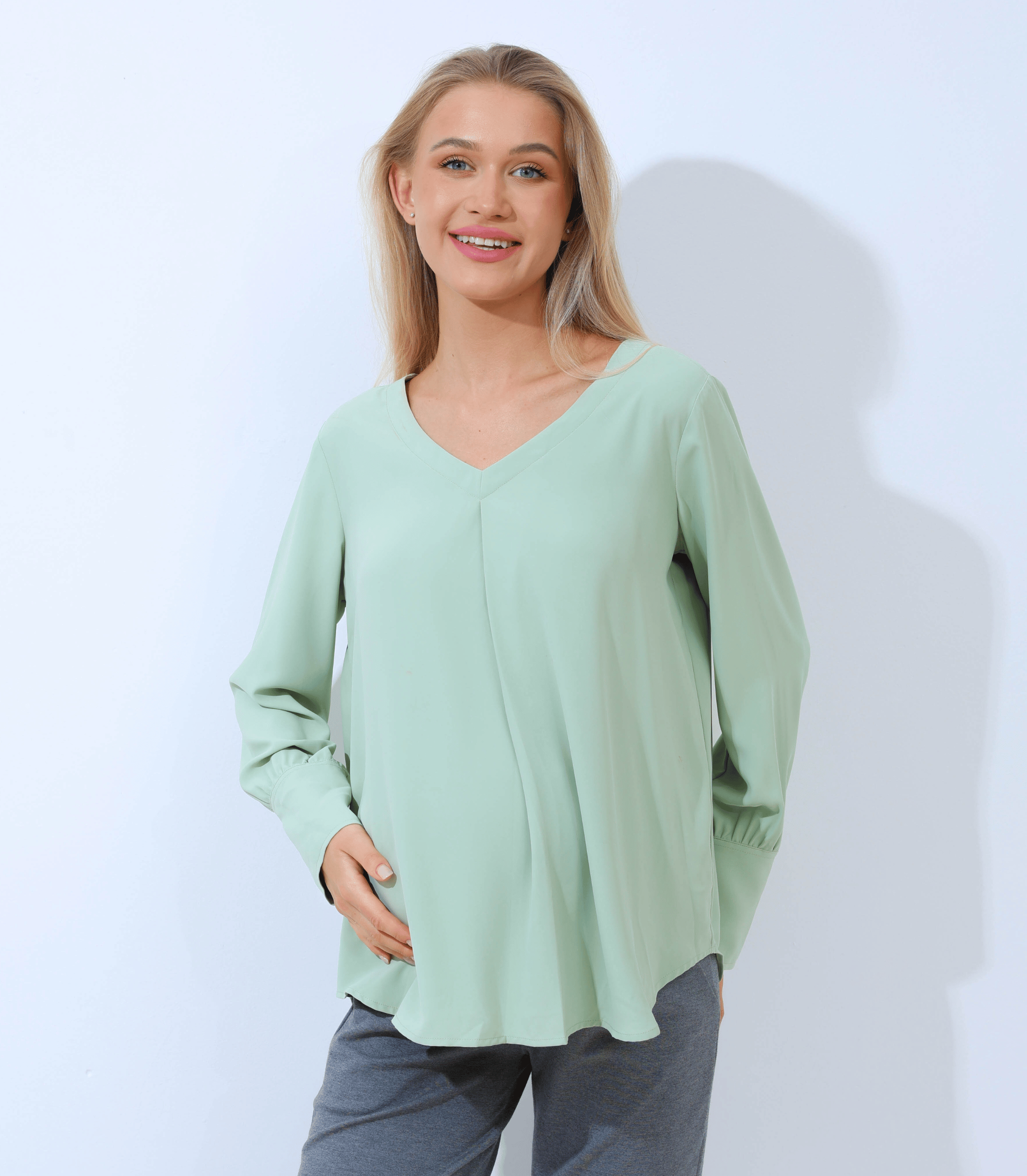 Maternity Button Down Shirt Long Sleeve Formal Blouse for Work Pregnant Dress Top Alina Mae Maternity Light Green