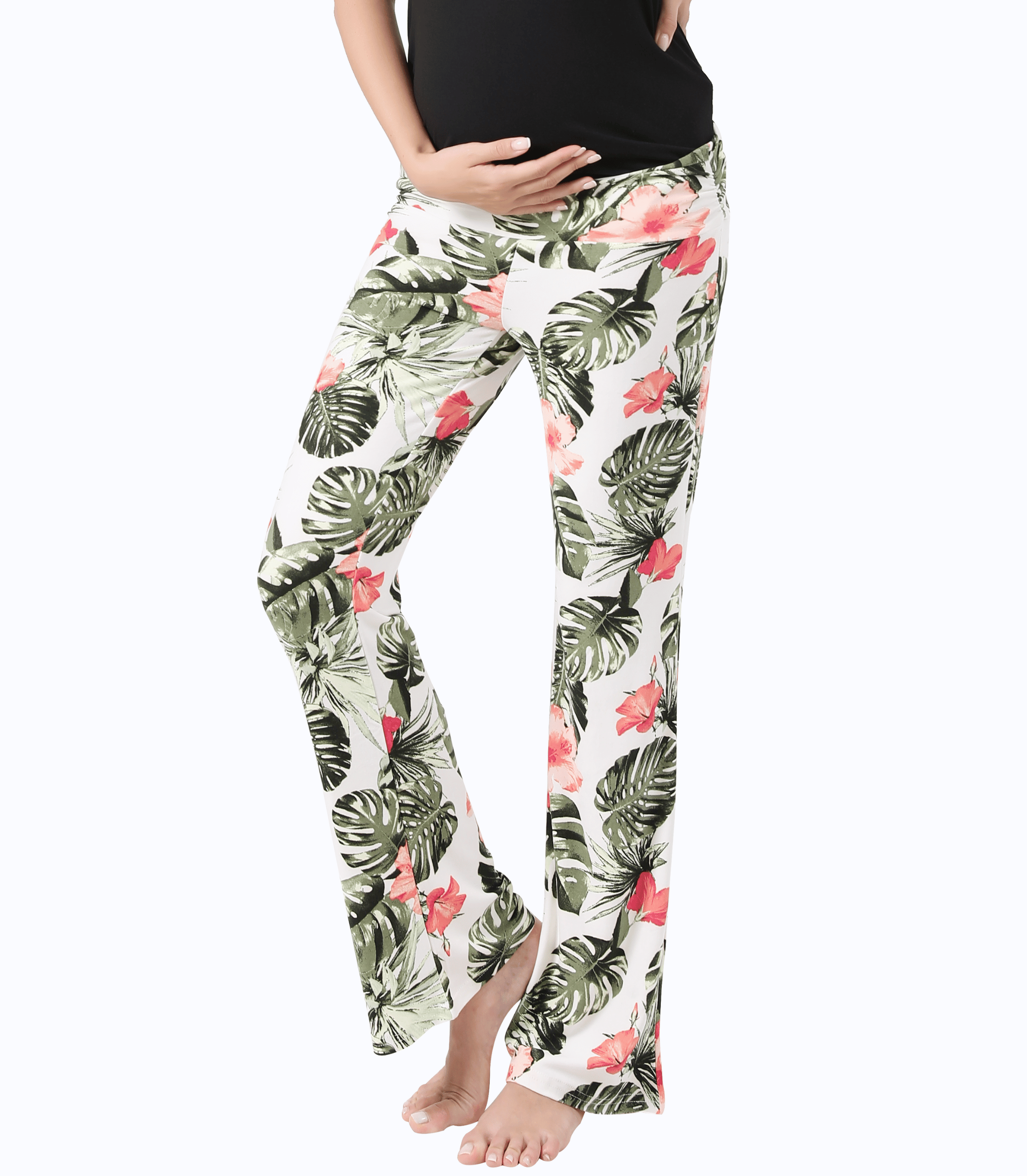 Women Maternity Pajama Pant Stretchy Comfy Wide Soft Palazzo Elastic Pregnancy Lounge Casual PJs Alina Mae Maternity White Green Floral