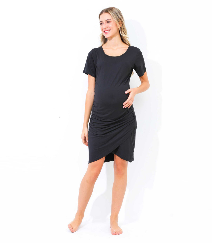 Maternity Dress Baby Shower Bodycon Short Sleeve Casual Daily Wear to Work Women  Alina Mae Maternity Black