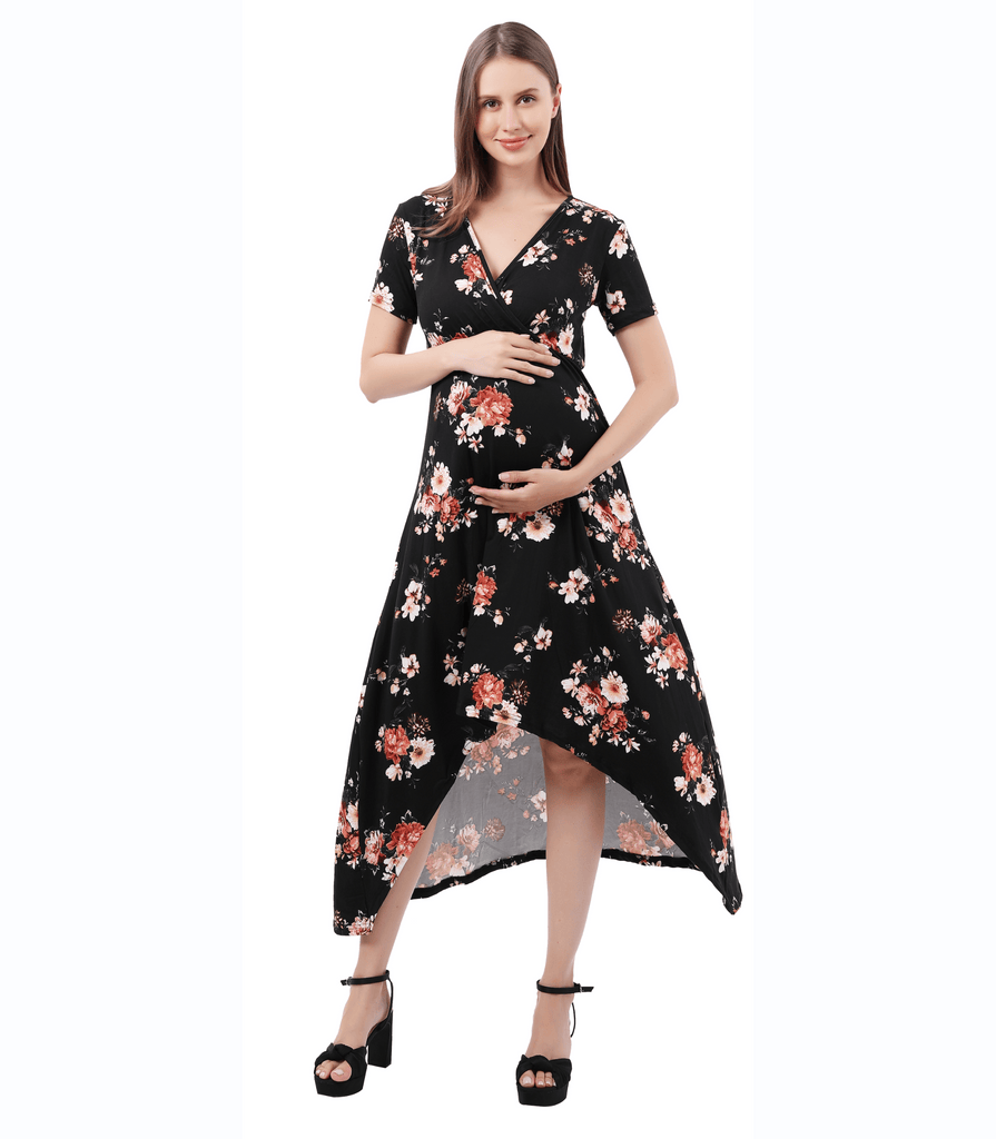 Maternity Dress Baby Shower Bodycon Short Sleeve Casual Daily Wear to Work Women Alina Mae Maternity Black Floral