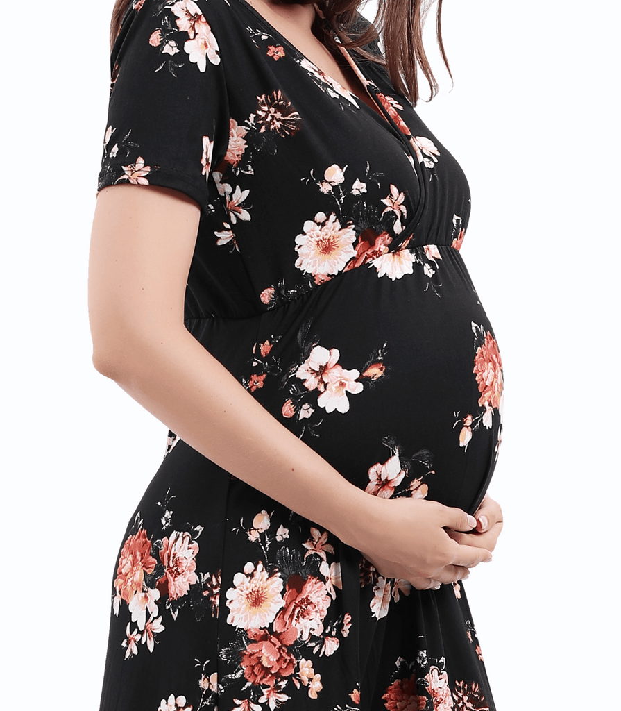 Maternity Dress Baby Shower Bodycon Short Sleeve Casual Daily Wear to Work Women Alina Mae Maternity Black Floral