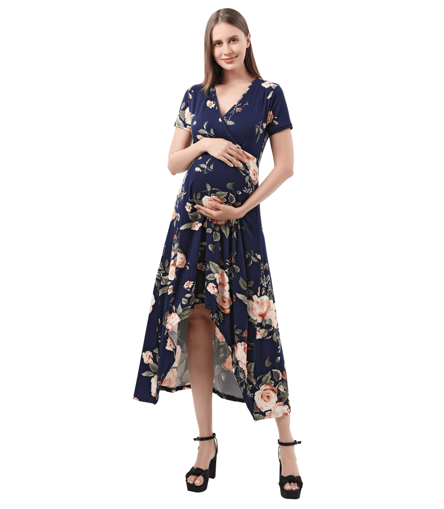 Maternity Dress Baby Shower Bodycon Short Sleeve Casual Daily Wear to Work Women Alina Mae Maternity Navy Floral