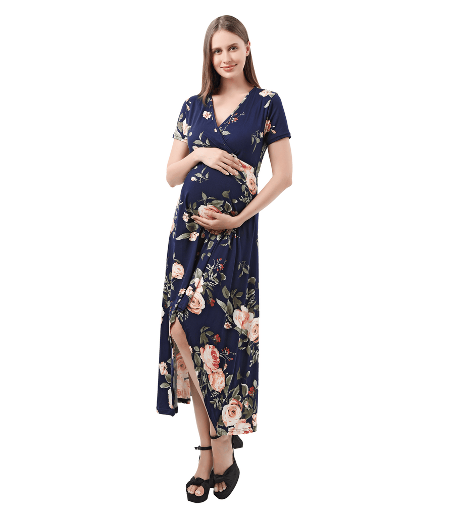 Maternity Dress Baby Shower Bodycon Short Sleeve Casual Daily Wear to Work Women Alina Mae Maternity Navy Floral