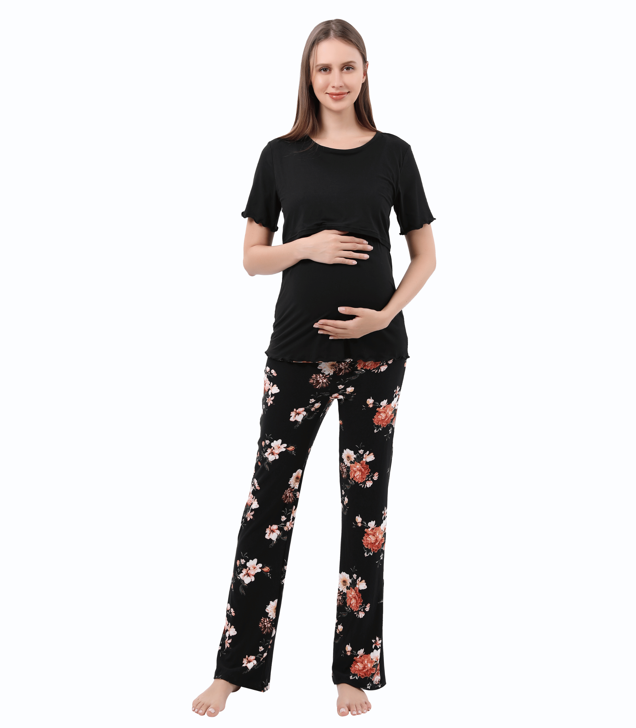 Women Maternity Nursing Pajama Sets Pregnant Lounge Sleepwear Breastfeeding PJs Alina Mae Maternity Black Floral