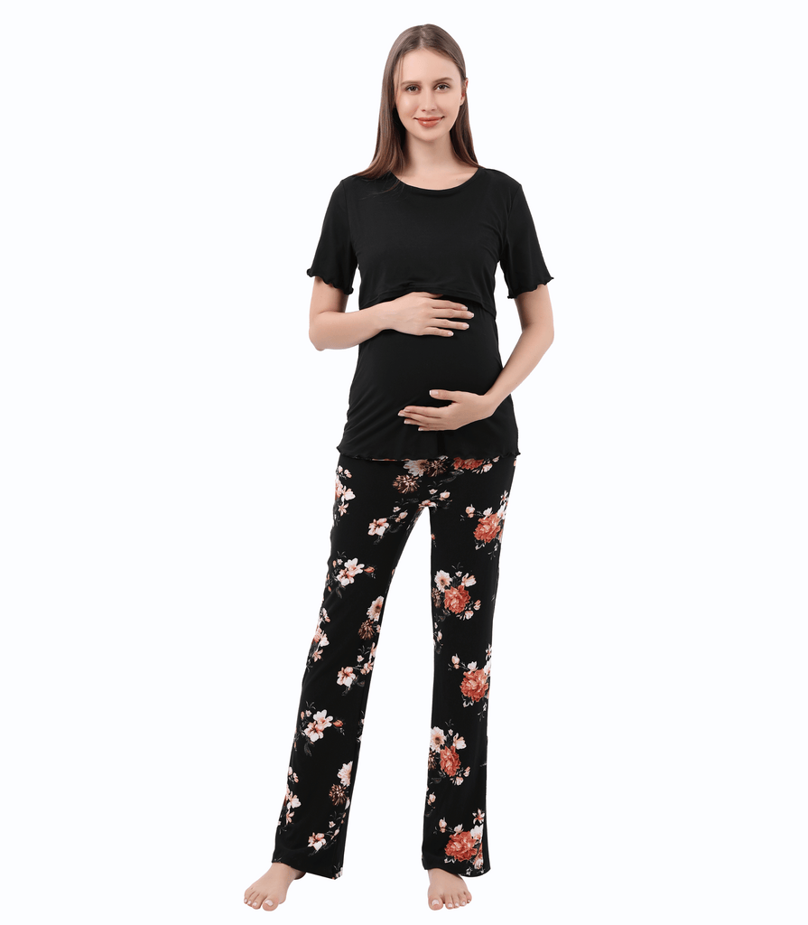 Women Maternity Nursing Pajama Sets Pregnant Lounge Sleepwear Breastfeeding PJs Alina Mae Maternity Black Floral