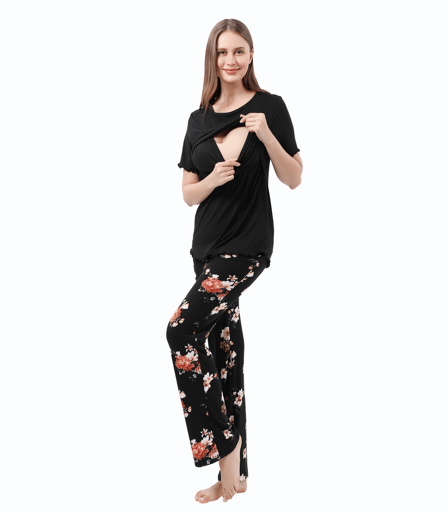 Women Maternity Nursing Pajama Sets Pregnant Lounge Sleepwear Breastfeeding PJs Alina Mae Maternity Black Floral