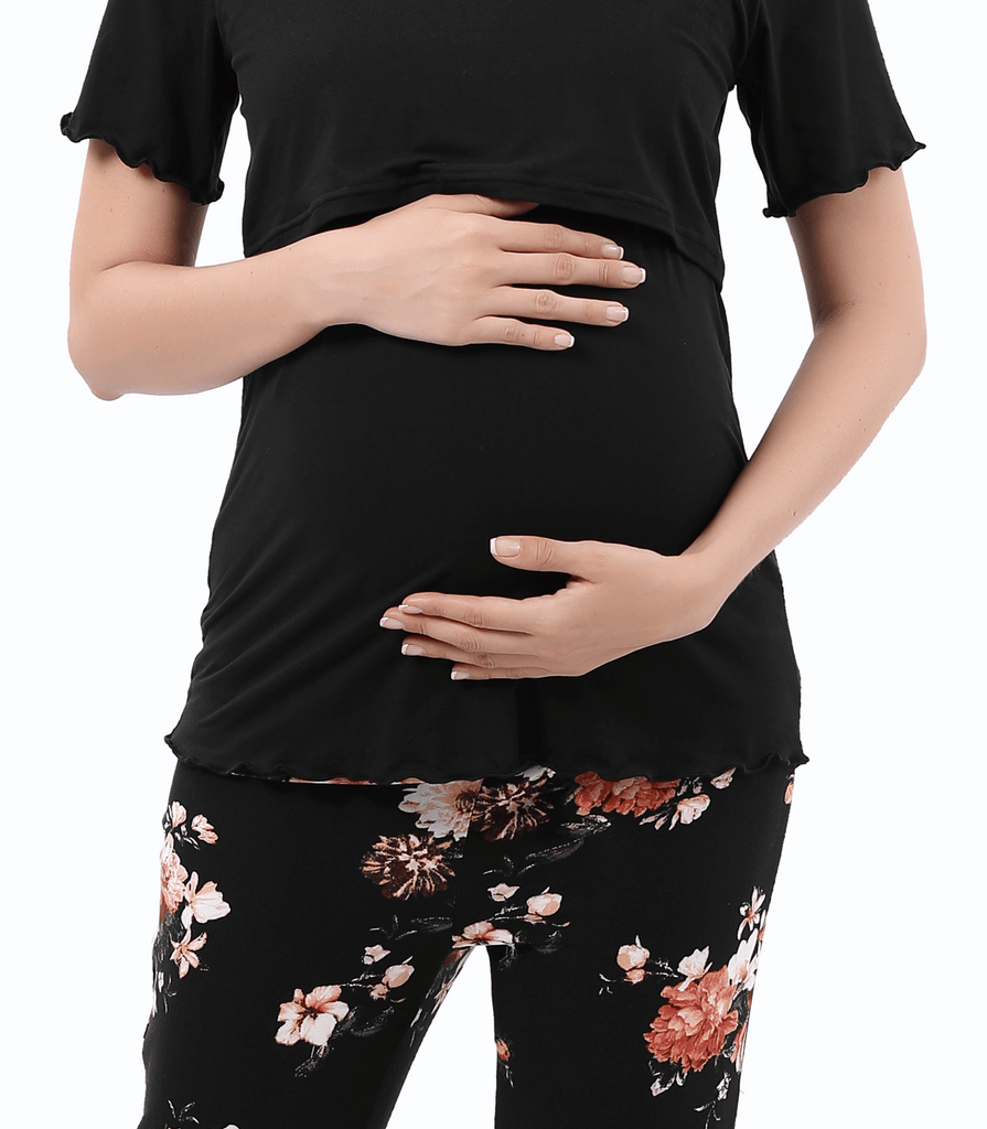 Women Maternity Nursing Pajama Sets Pregnant Lounge Sleepwear Breastfeeding PJs Alina Mae Maternity Black Floral