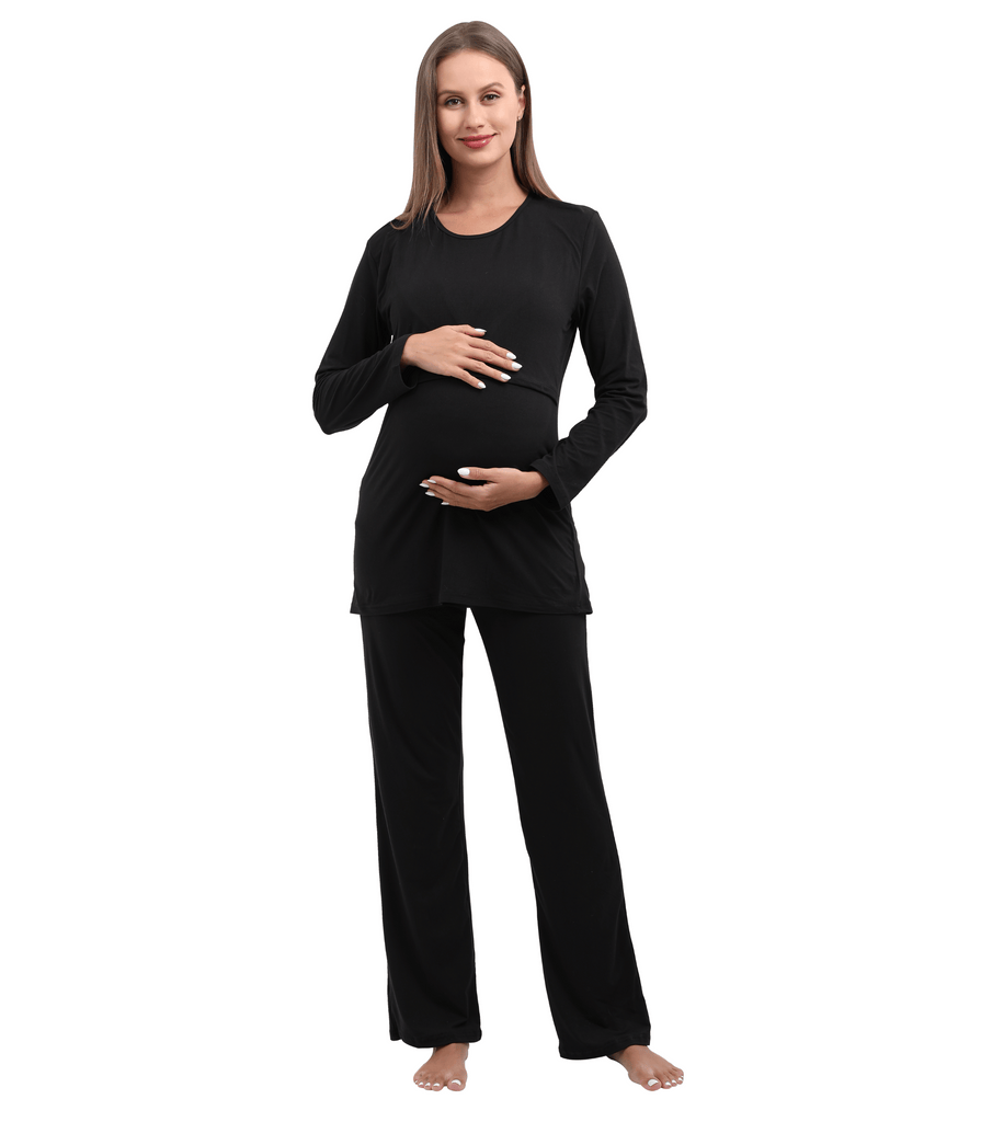 Women Maternity Nursing Pajama Sets Pregnant Lounge Sleepwear Breastfeeding PJs Alina Mae Maternity Black Shirt/Black Pants