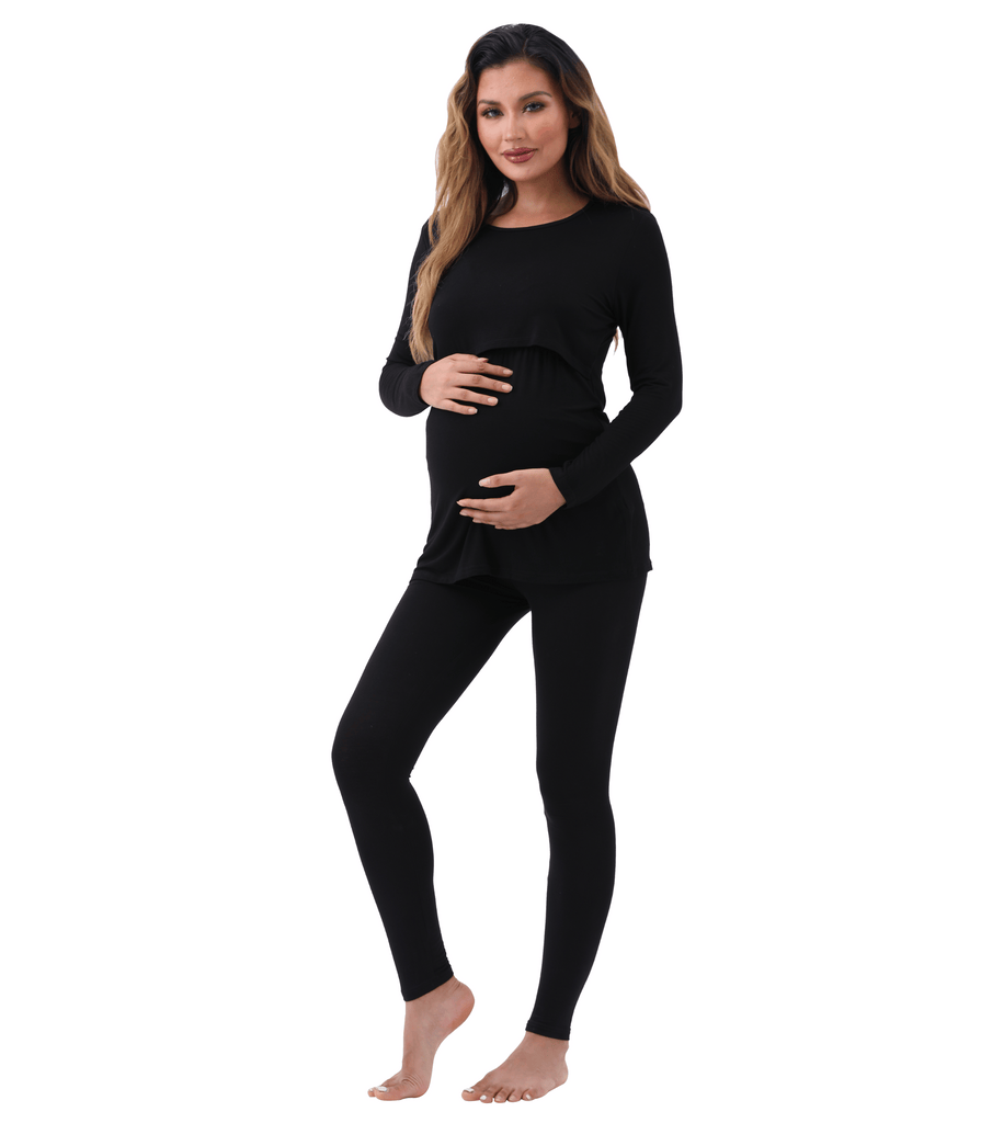 Women Maternity Nursing Pajama Sets Pregnant Lounge Sleepwear Breastfeeding PJs Alina Mae Maternity Black Shirt / Black Legging