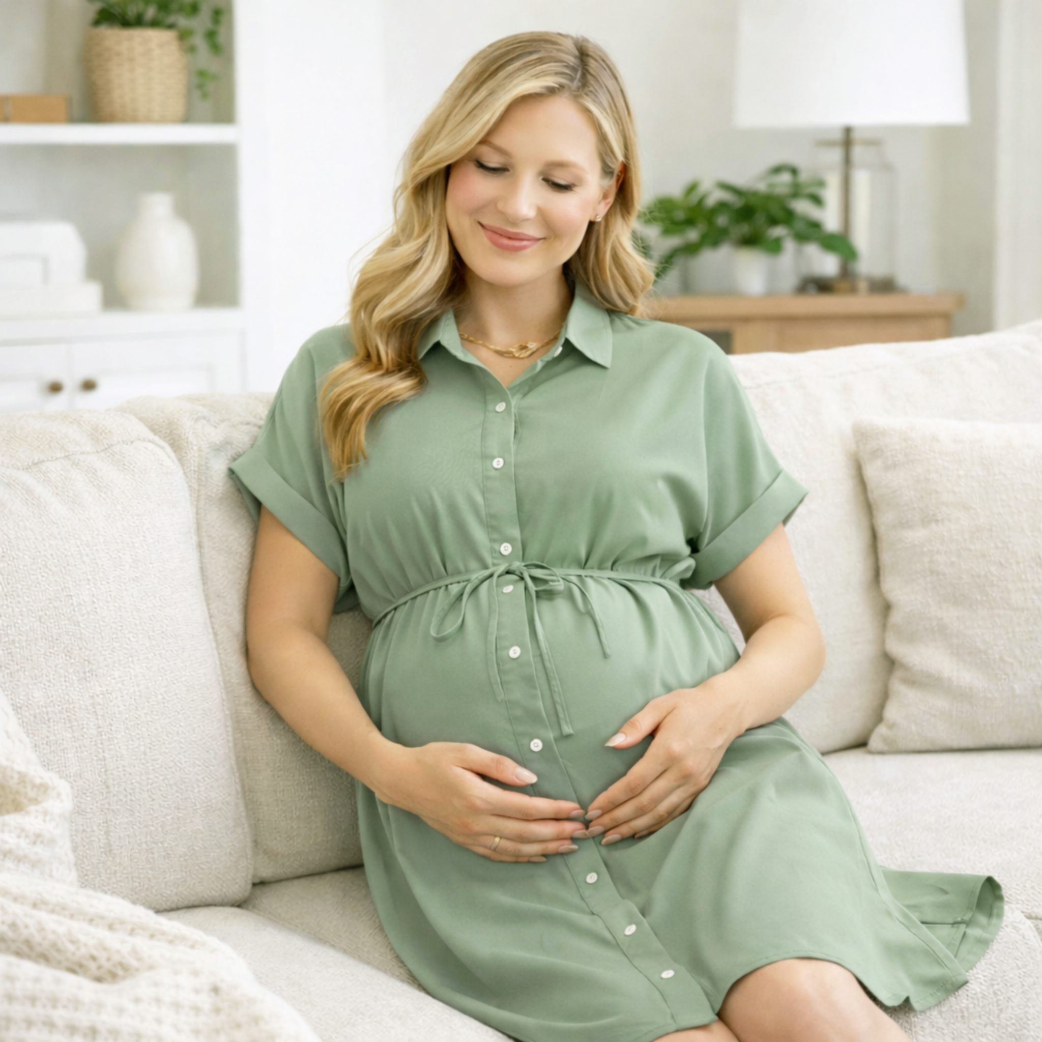 Maternity Short Sleeve Button Down Shirt Dress with Adjustable Waist Tie