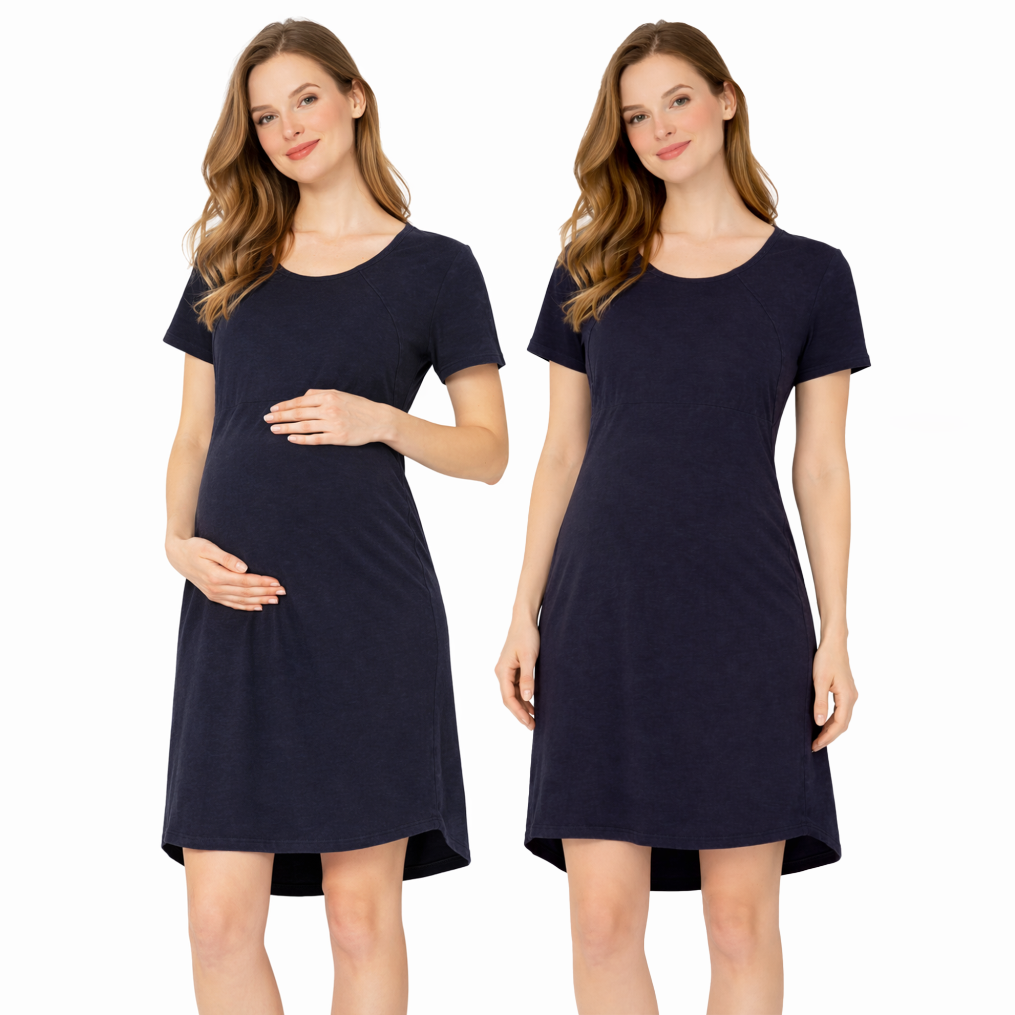 Navy blue short sleeve maternity nursing dress with hidden zipper breastfeeding access