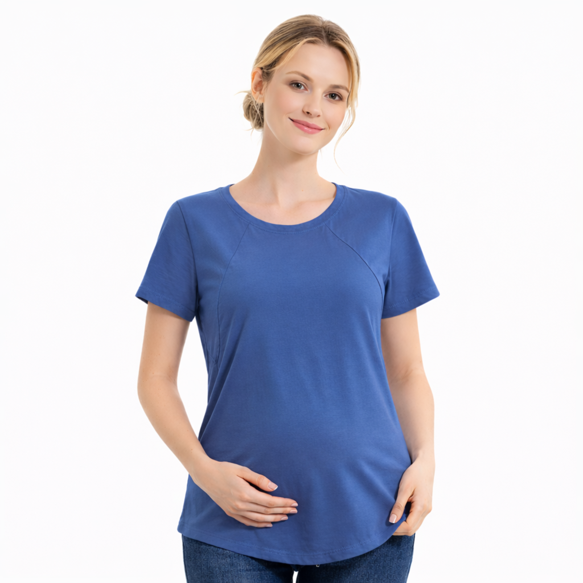 Blue short sleeve maternity nursing top with dual zipper breastfeeding access